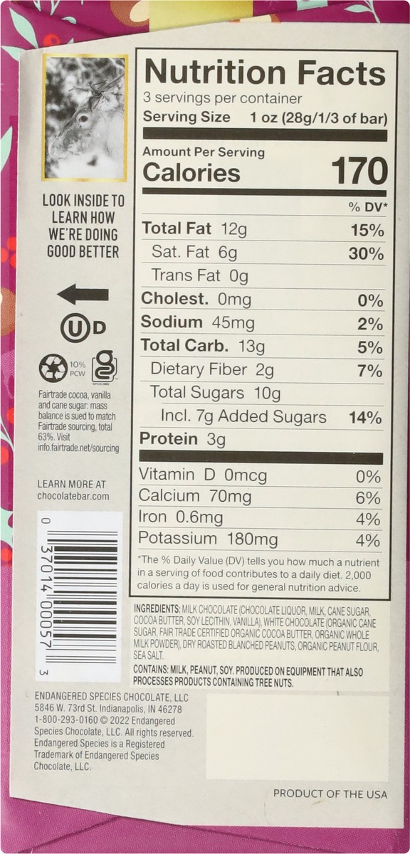 slide 4 of 13, Endangered Species 48% Cocoa Fudgy Peanut Butter Milk Chocolate Bar - 3 oz, 3 oz