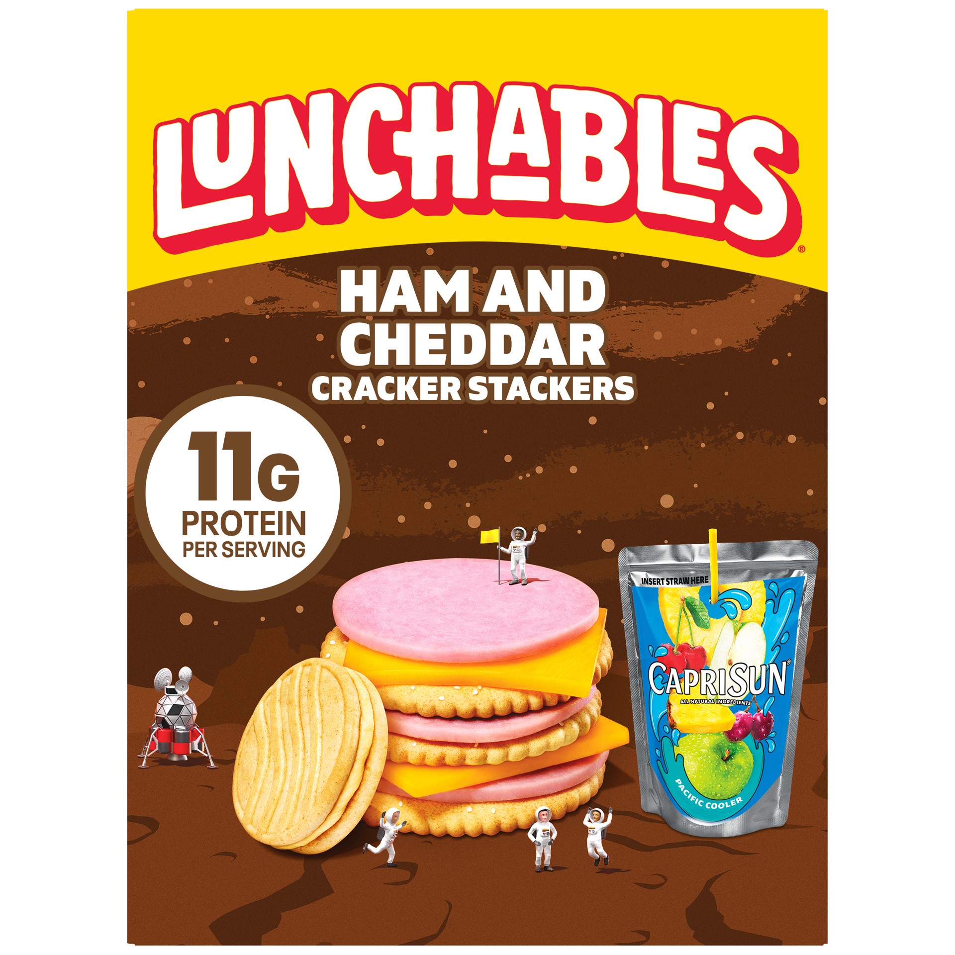 slide 1 of 1, Oscar Mayer Lunchables Ham & Cheddar Cracker Stackers with Vanilla Creme Cookies and Capri Sun Pacific Cooler Fun Pack, 9.5 oz Box, 9.5 oz