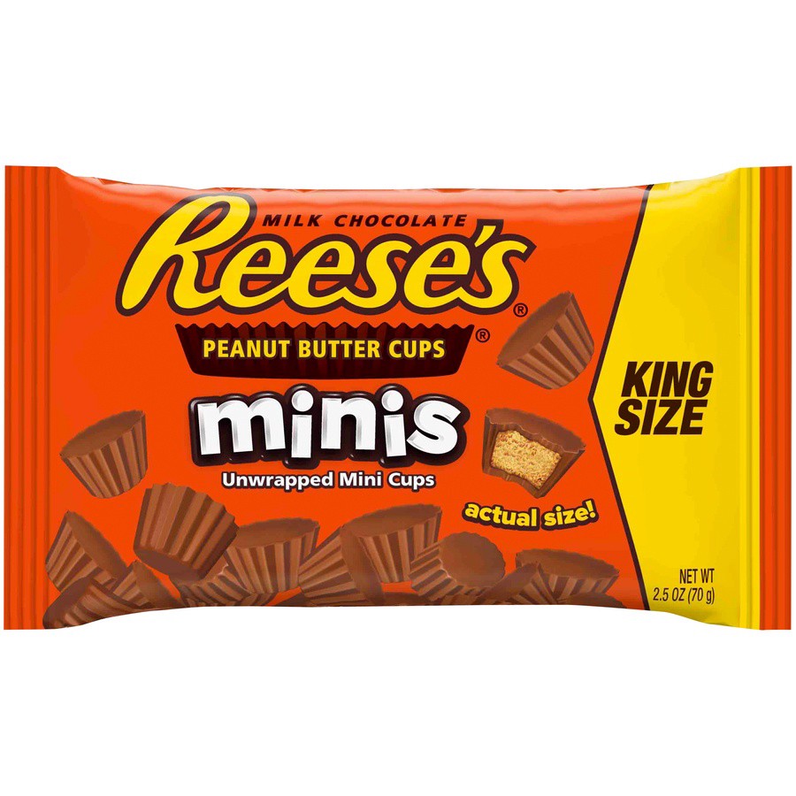 slide 1 of 5, REESE'S Minis King Size Milk Chocolate Peanut Butter Cups Candy, Unwrapped Candy, 2.5 oz, Bag, 2.5 oz