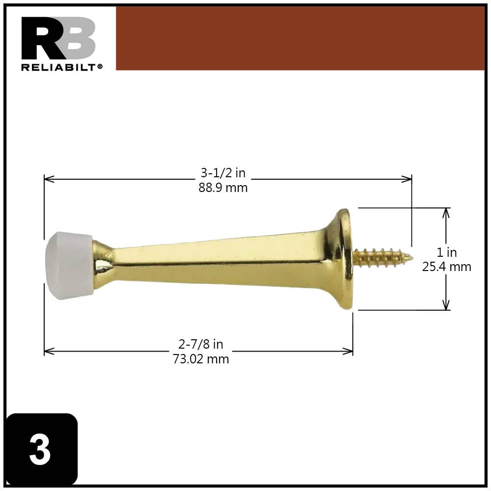 slide 6 of 6, RELIABILT 3-7/10-in Polished brass Rigid Door Stop, 1 ct