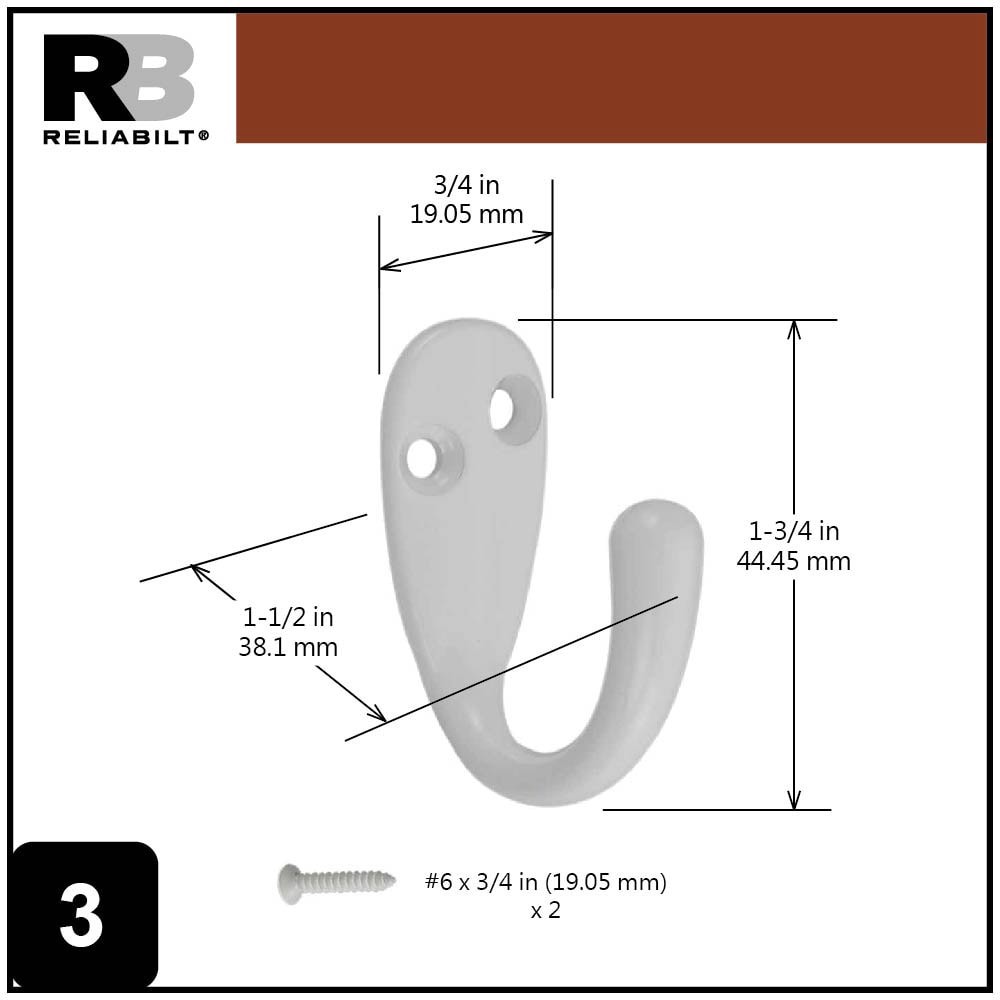 slide 3 of 6, RELIABILT Robe hooks White Single-Hook Wall Mount Towel Hook, 1 ct