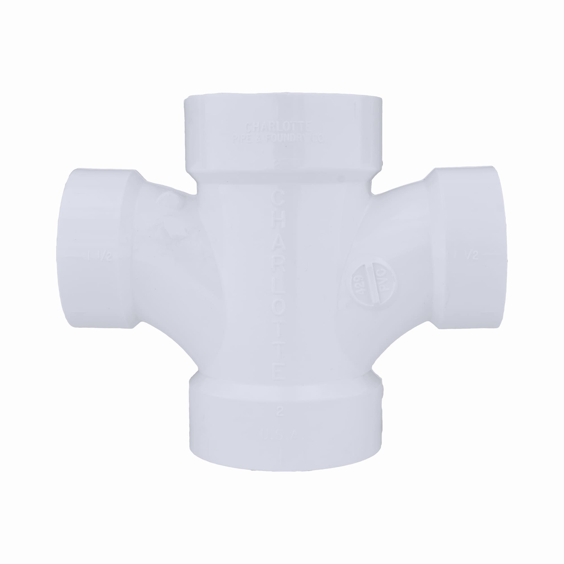 slide 4 of 6, Charlotte Pipe 2-in x 2-in x 1-1/2-in x 1-1/2-in PVC DWV Reducing Double Sanitary Tee, 1 ct