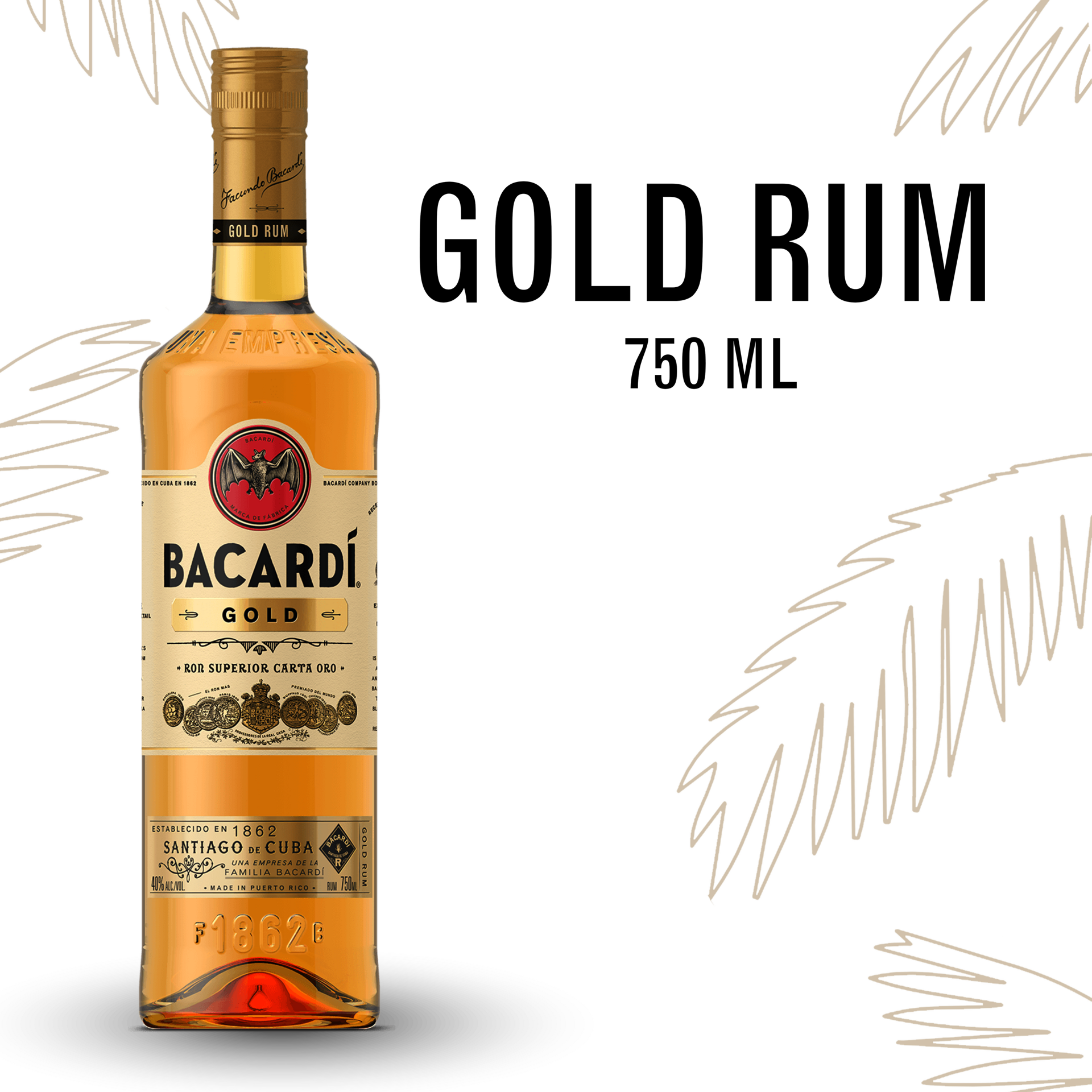 slide 1 of 5, Bacardí Bacardi Gold Rum, Gluten Free 40% 75Cl/750Ml, 750 ml