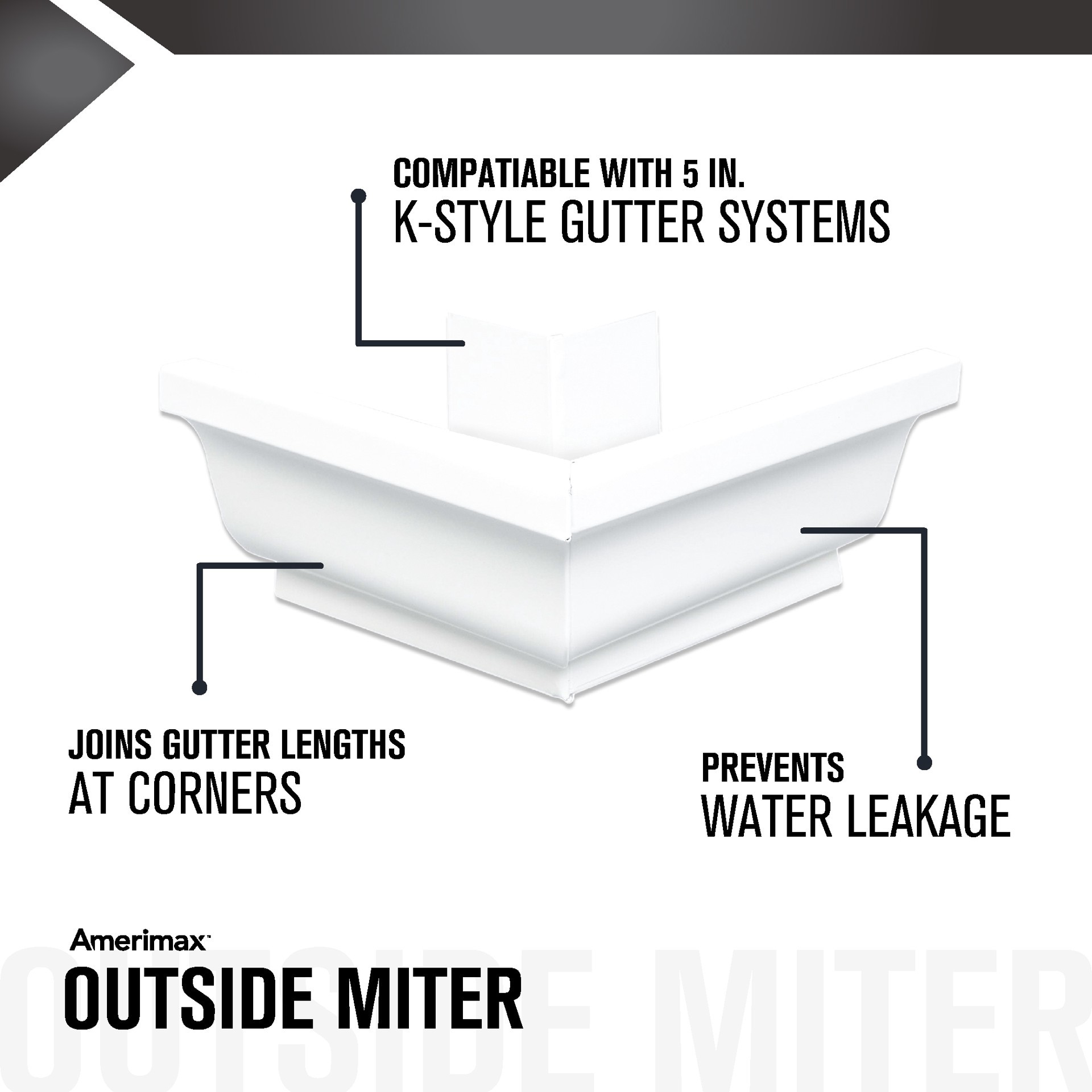 slide 3 of 5, Amerimax Professional Grade 5-in x 7.5-in White Aluminum K style Gutter outside corner, 1 ct