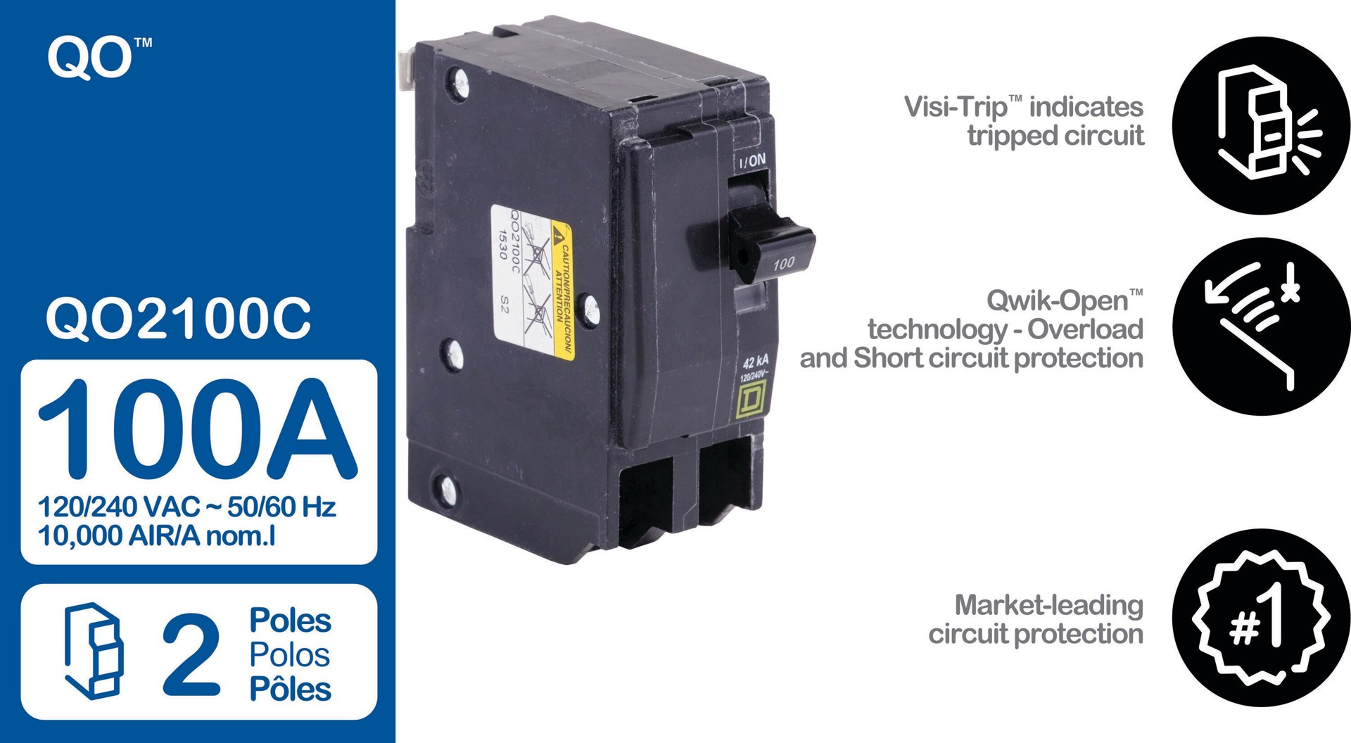 slide 4 of 5, Square D QO 100-amp 2 -Pole Standard trip Circuit Breaker, 1 ct