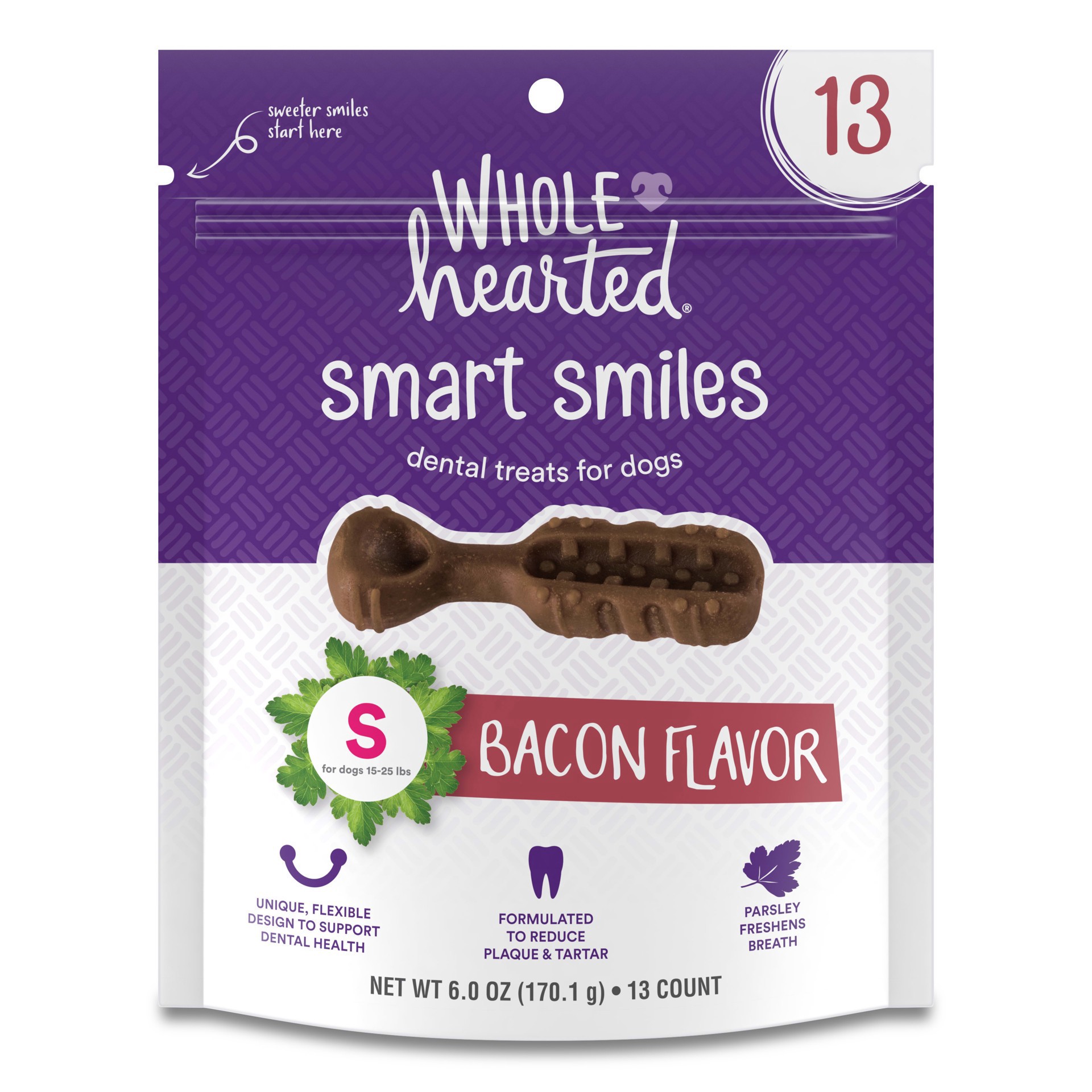 slide 1 of 1, Wholehearted Smart Smiles Bacon Flavor Small Dog Dental Treats, 6 oz