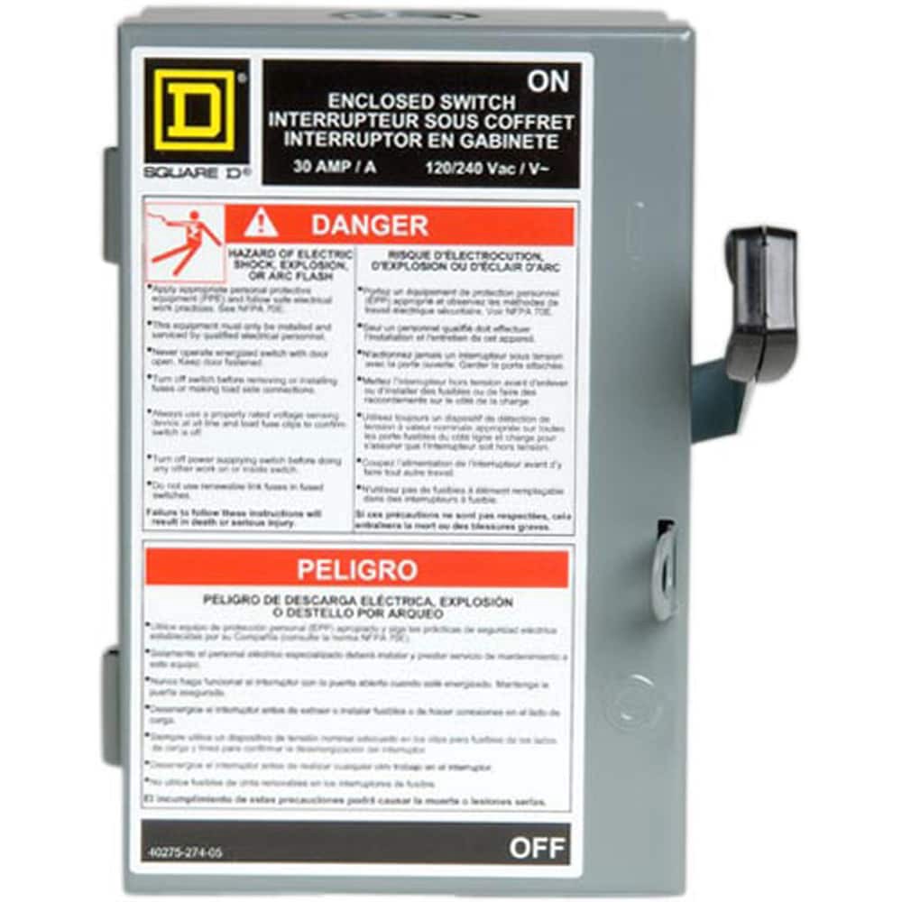 slide 5 of 6, Square D 30 Amp Single phase (120V/240V) Fusible Indoor Light-duty Safety switch Disconnect, 1 ct