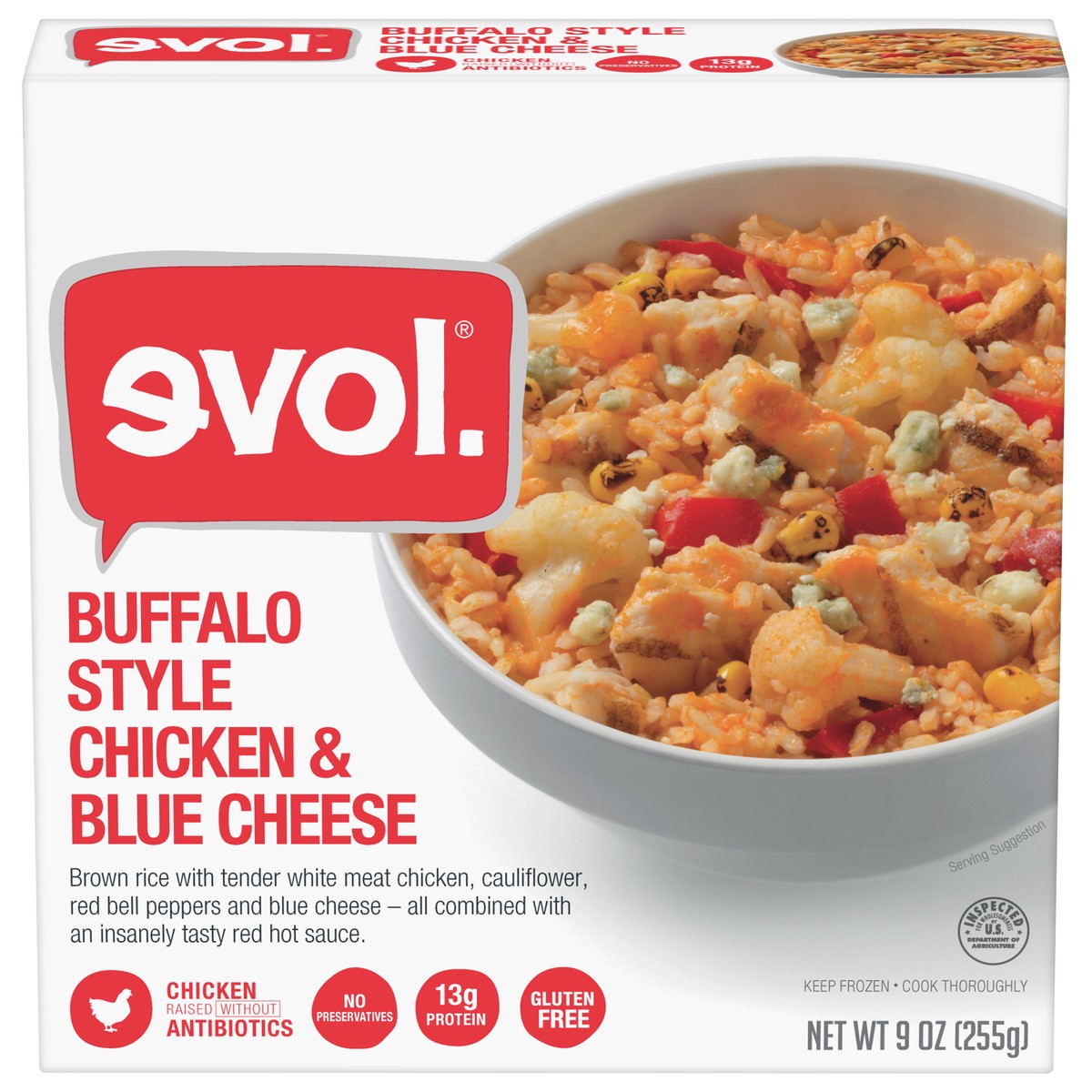 slide 1 of 12, EVOL Evol Buffalo Style Chicken & Blue Cheese, Gluten Free, Single Serve Frozen Meal, 9 oz., 9 oz