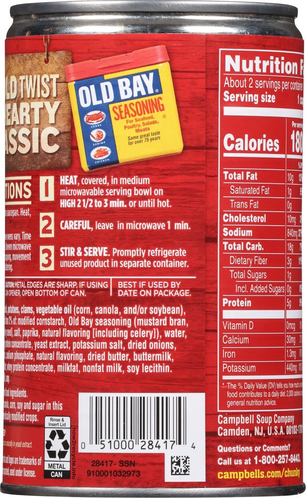 slide 3 of 4, Campbell's Chunky Soup, OLD BAY Seasoned Clam Chowder, 18.8 oz Can, 18.8 oz