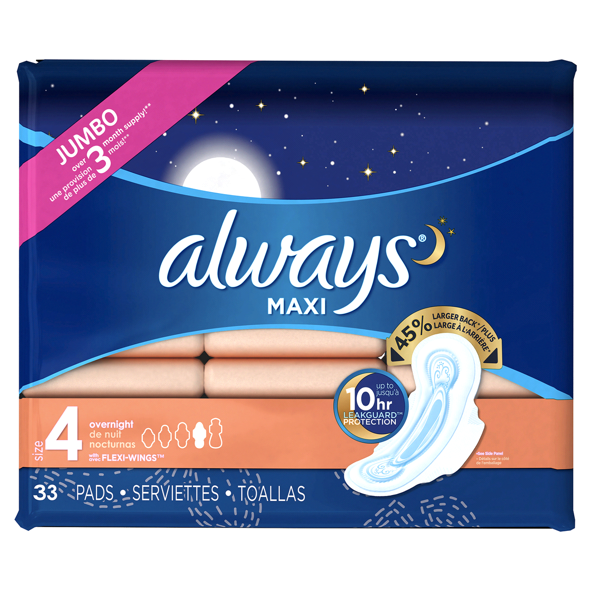 slide 3 of 6, Always Maxi Overnight Pads with Wings, Size 4, Overnight, Unscented, 33 CT, 33 ct