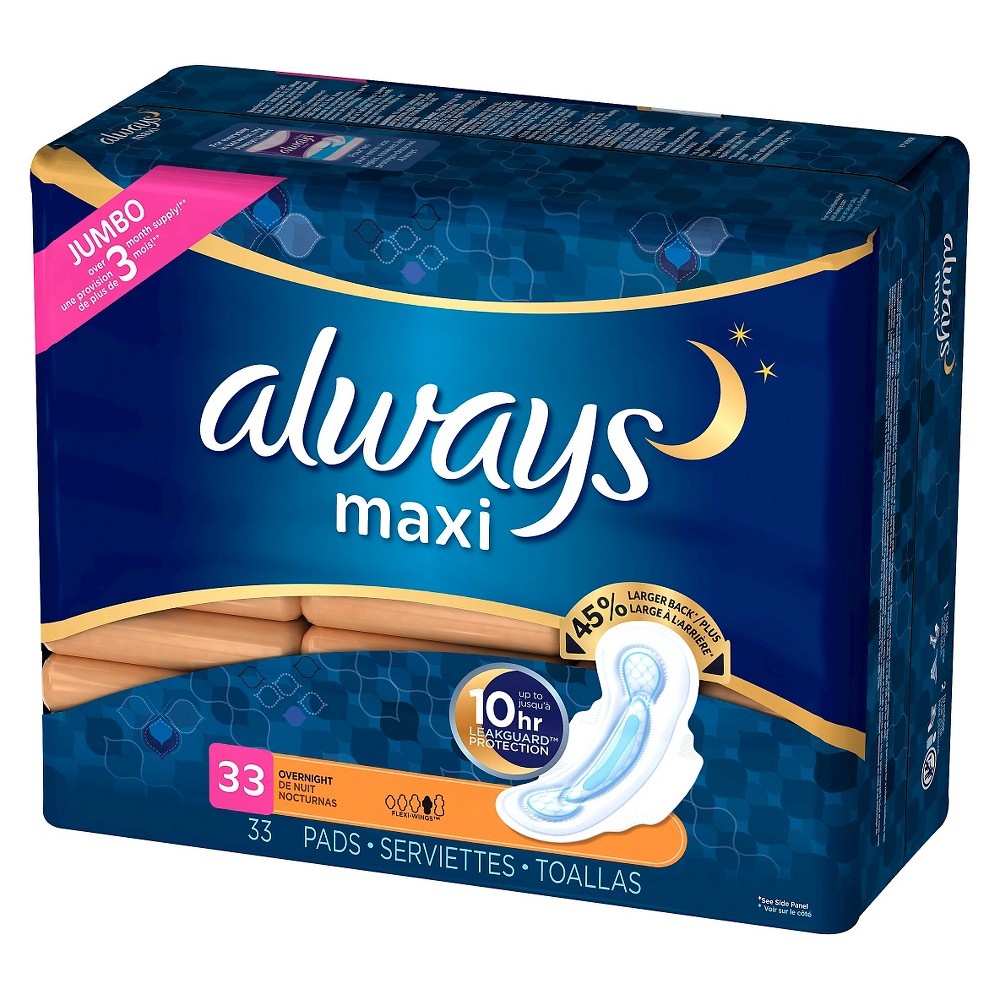 slide 5 of 6, Always Maxi Overnight Pads with Wings, Size 4, Overnight, Unscented, 33 CT, 33 ct