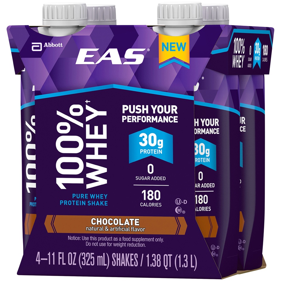 slide 3 of 4, EAS 100% Whey Chocolate Protein Shake, 4 ct; 11 oz