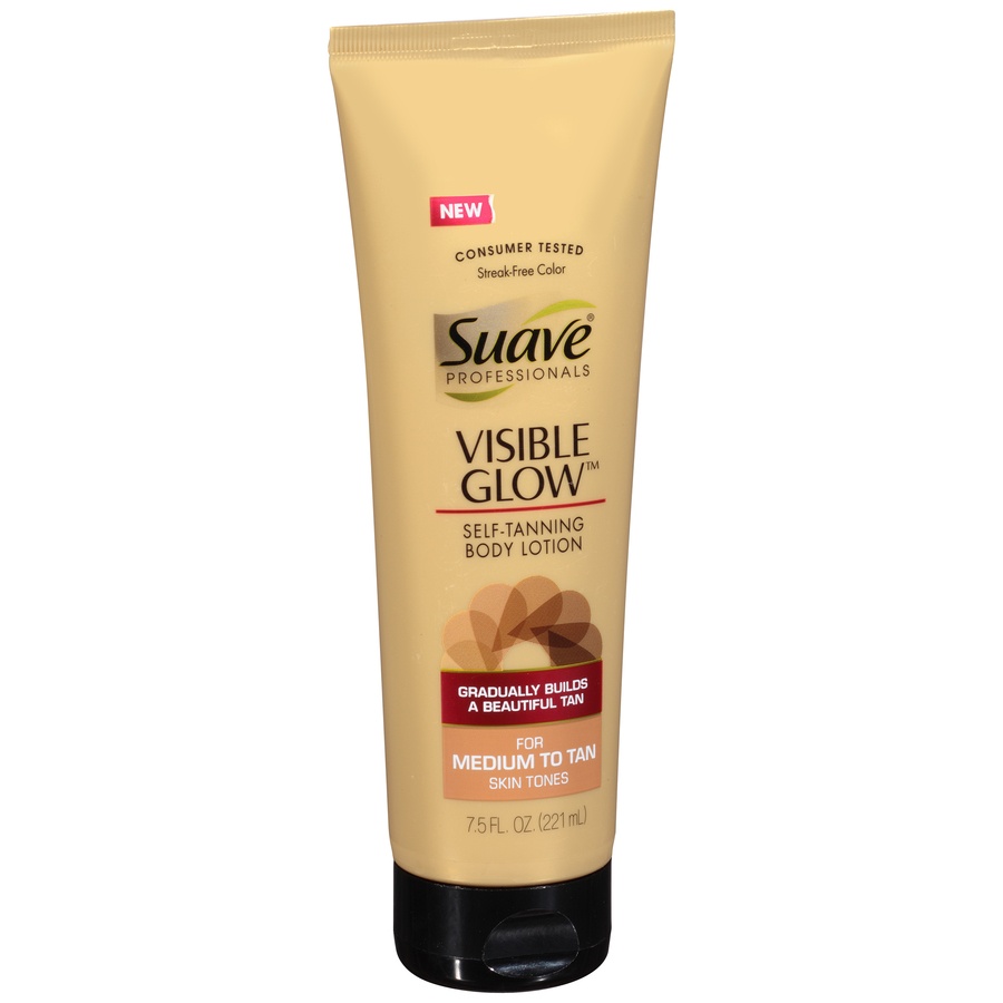 slide 2 of 7, Suave Professionals Visible Glow Self-Tanning Body Lotion, Medium to Tan, 7.5oz, 6.5 oz