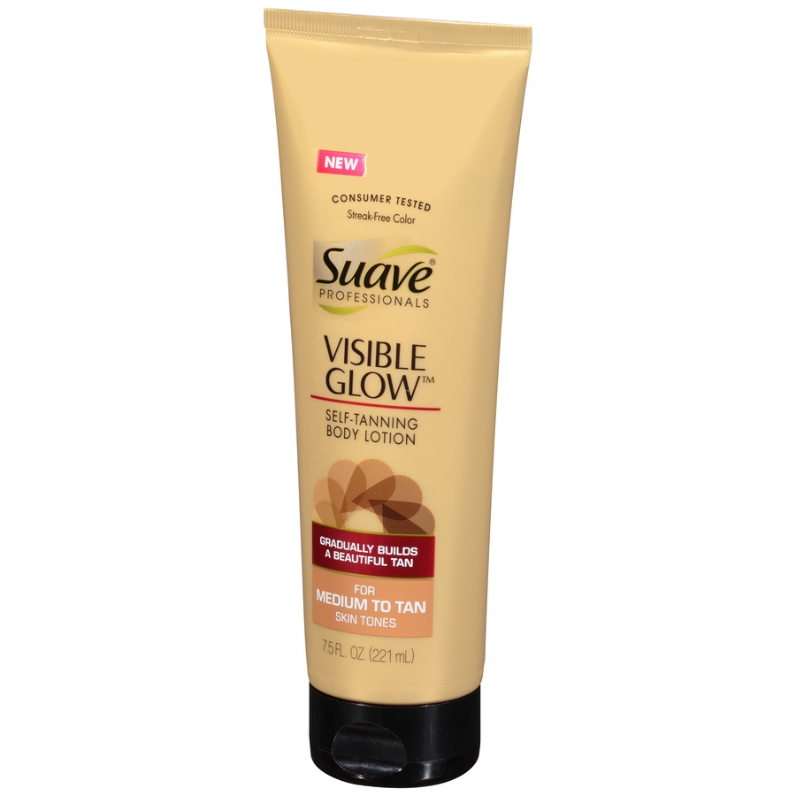 slide 3 of 7, Suave Professionals Visible Glow Self-Tanning Body Lotion, Medium to Tan, 7.5oz, 6.5 oz