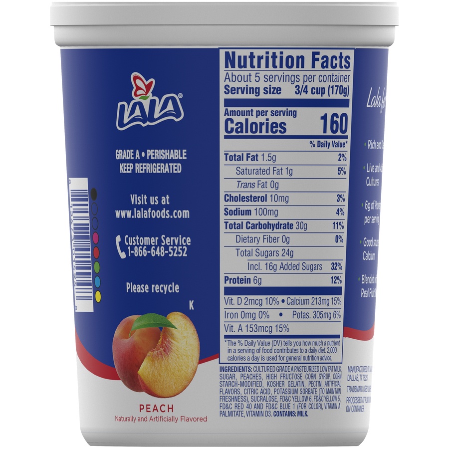 slide 5 of 5, LALA Low-Fat Peach Yogurt, 6 ct; 32 oz