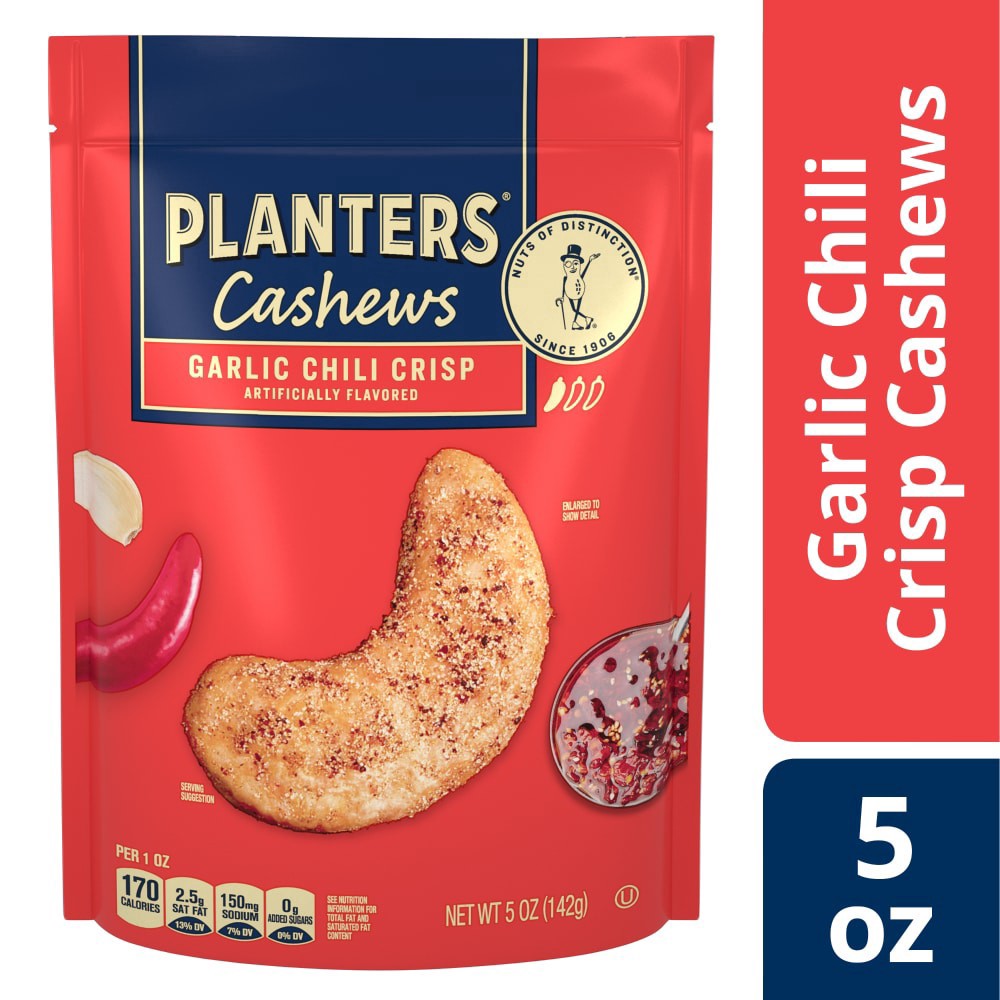 slide 1 of 2, PLANTERS Garlic Chili Crisp cashews 5oz, net wt 5 oz (142 gram)