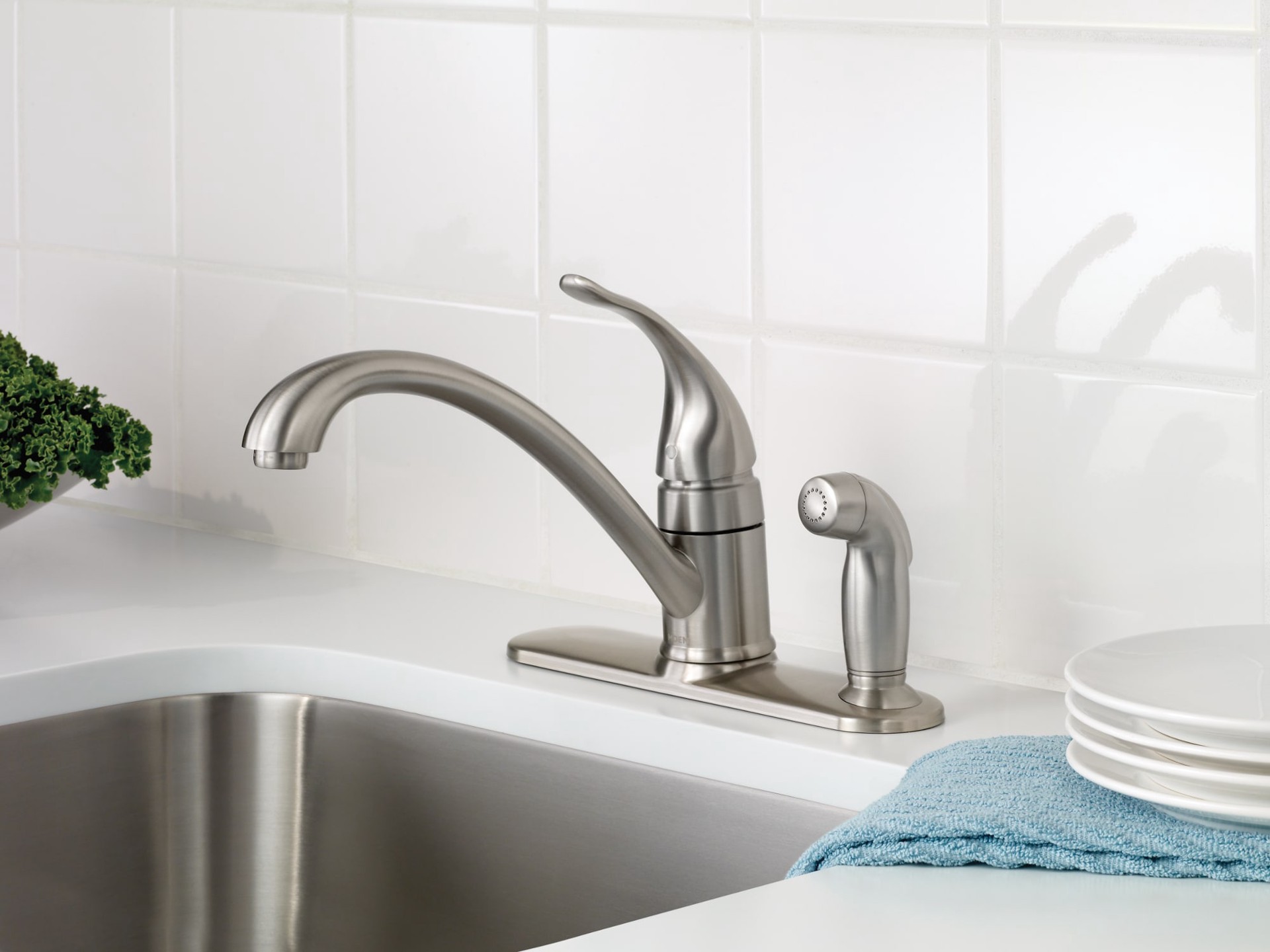 slide 2 of 5, Moen Torrance Spot Resist Stainless Single Handle Deck-mount Kitchen Faucet with Sprayer (Includes Deck Plate) (Includes Side Sprayer), 1 ct