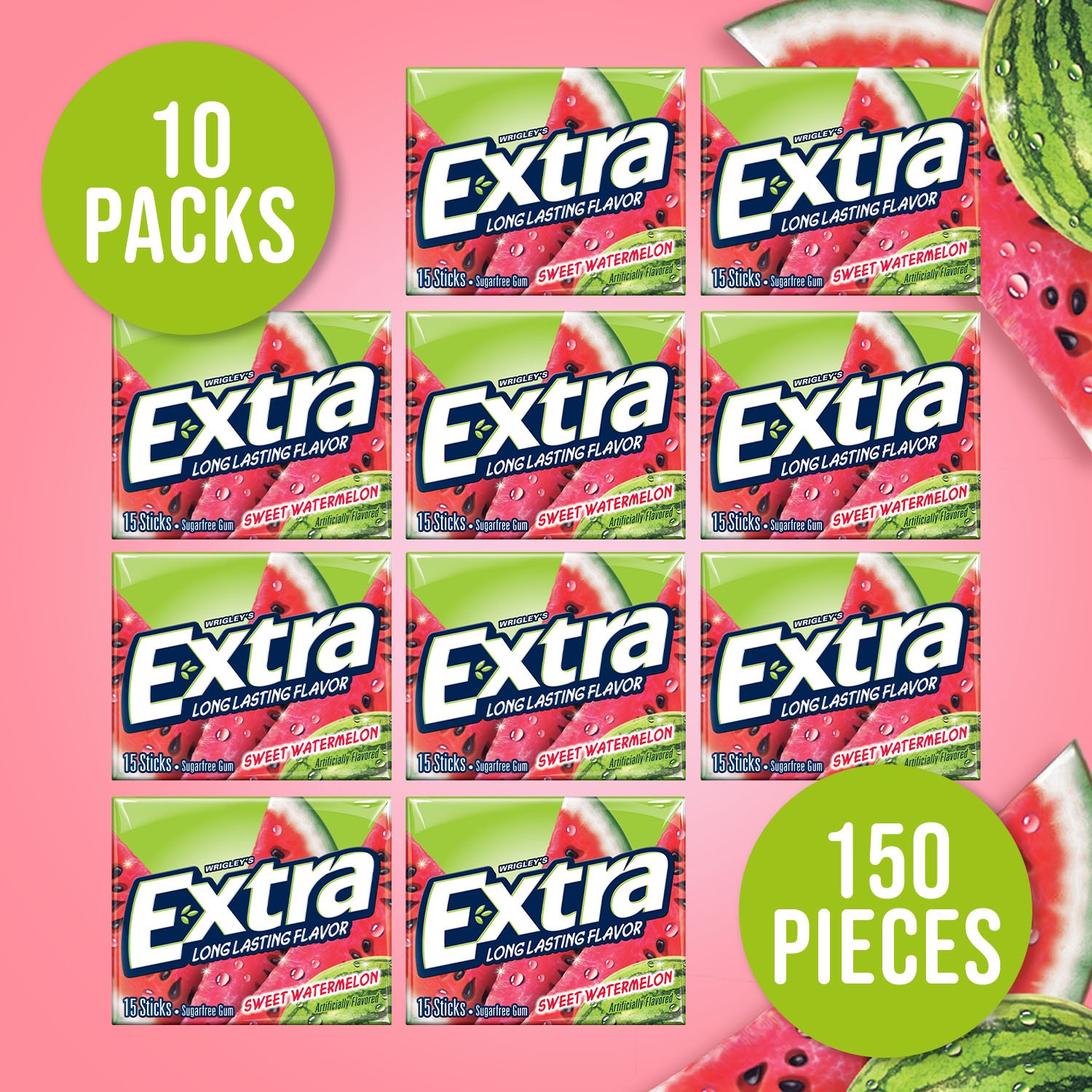 slide 2 of 8, EXTRA Gum Sweet Watermelon Sugarfree Chewing Gum, 15 Pieces (Pack of 10), 10 ct