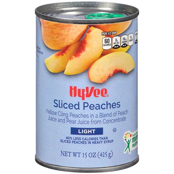 slide 1 of 1, Hy-vee Light Sliced Yellow Cling Peaches In A Blend Of Peach Juice And Pear Juice From Concentrate, 15 oz