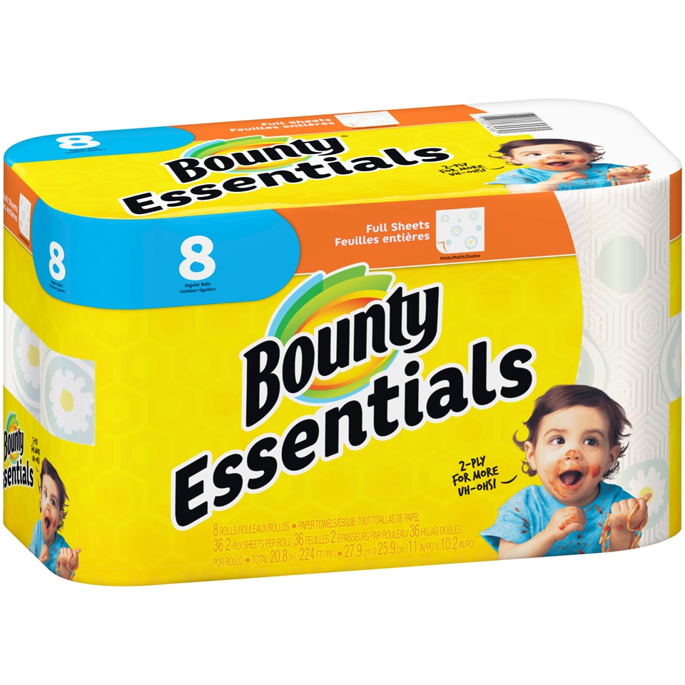 slide 2 of 3, Bounty Essentials 8 Reg Roll Paper Towels, 224 sq ft