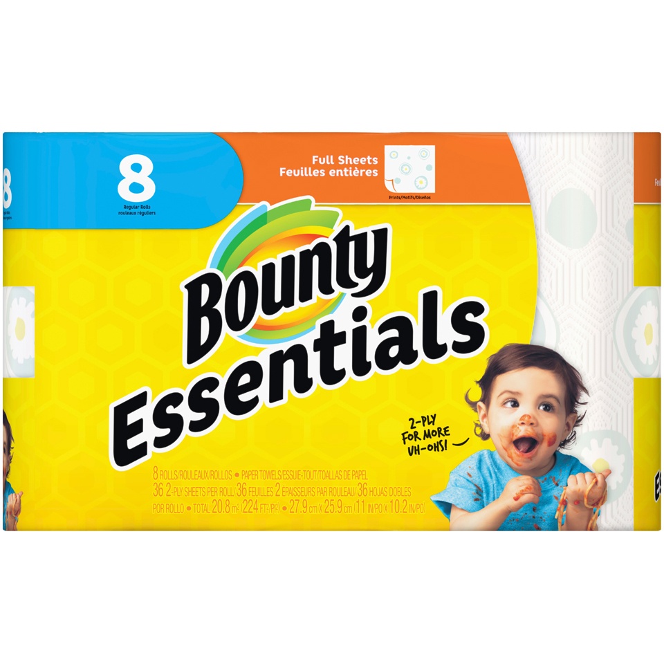 slide 1 of 3, Bounty Essentials 8 Reg Roll Paper Towels, 224 sq ft