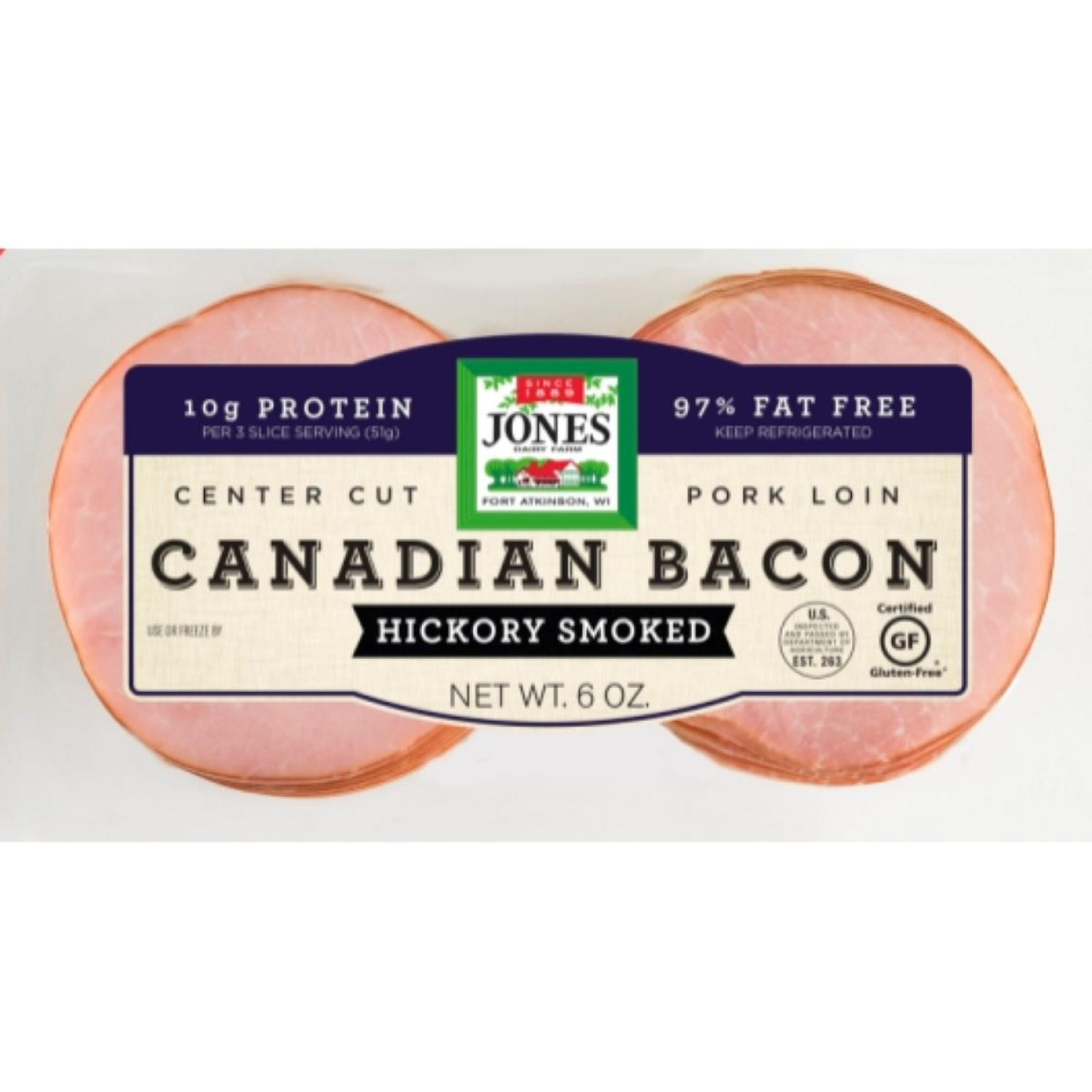 slide 1 of 3, Jones Dairy Farm Center Cut Canadian Hickory Smoked Bacon 6 oz, 6 oz