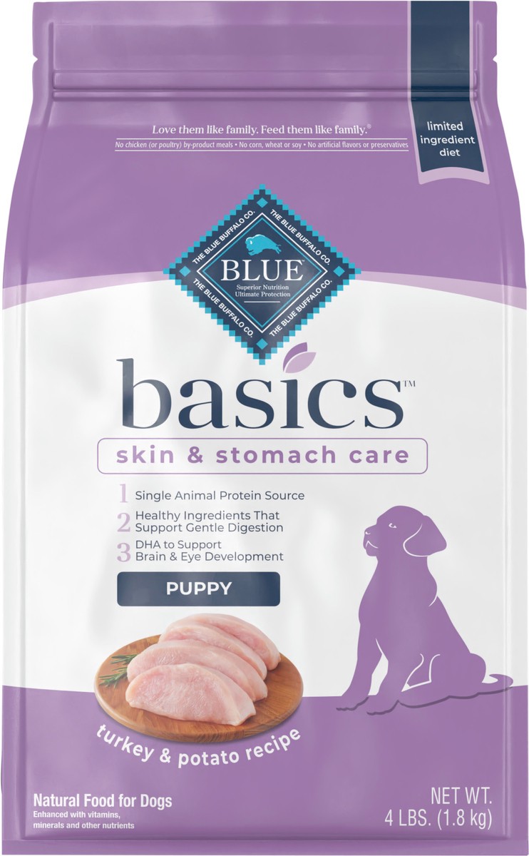 slide 6 of 9, Blue Buffalo Blue Basics Puppy Turkey & Potato Recipe Dry Dog Food, 4 lb