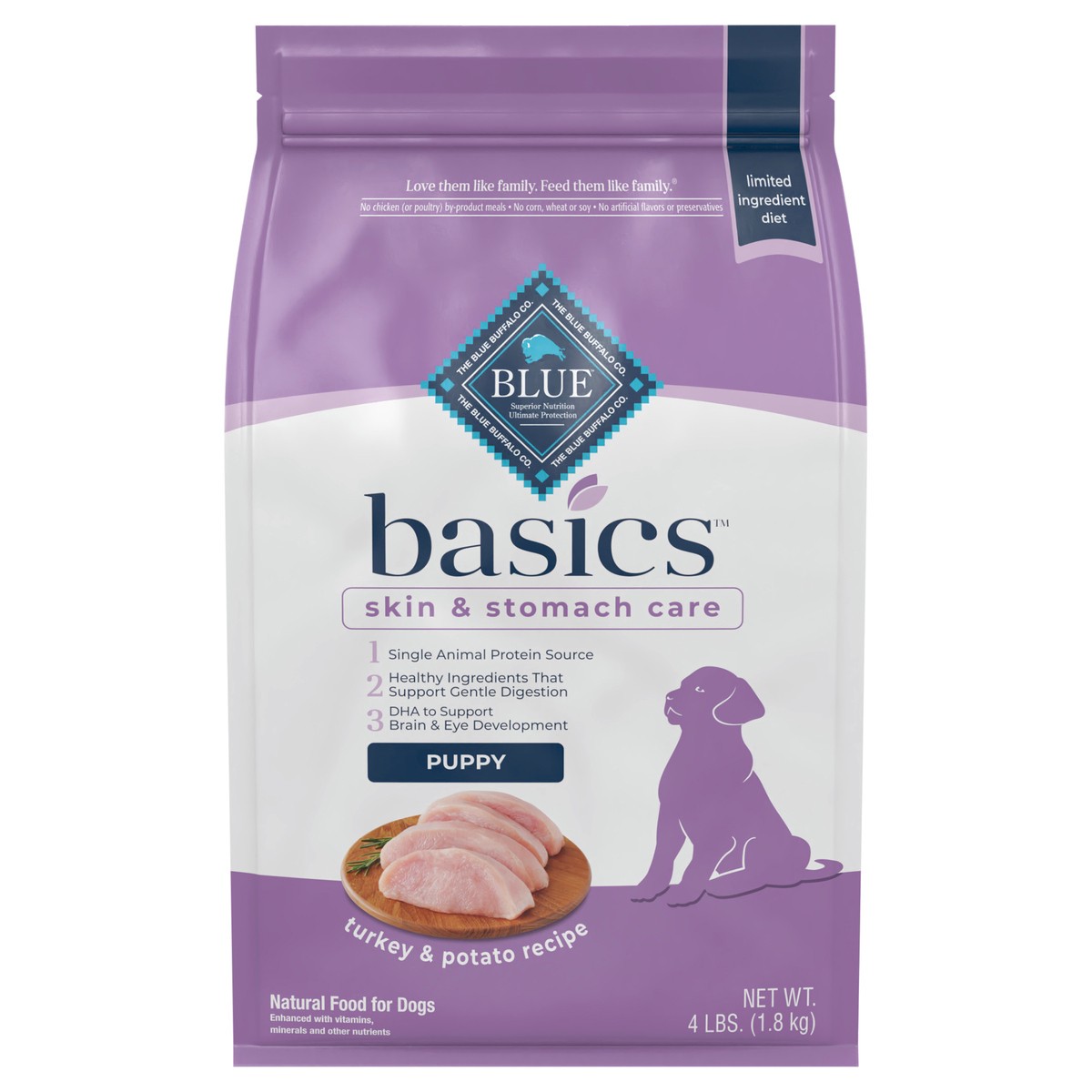 slide 1 of 9, Blue Buffalo Blue Basics Puppy Turkey & Potato Recipe Dry Dog Food, 4 lb