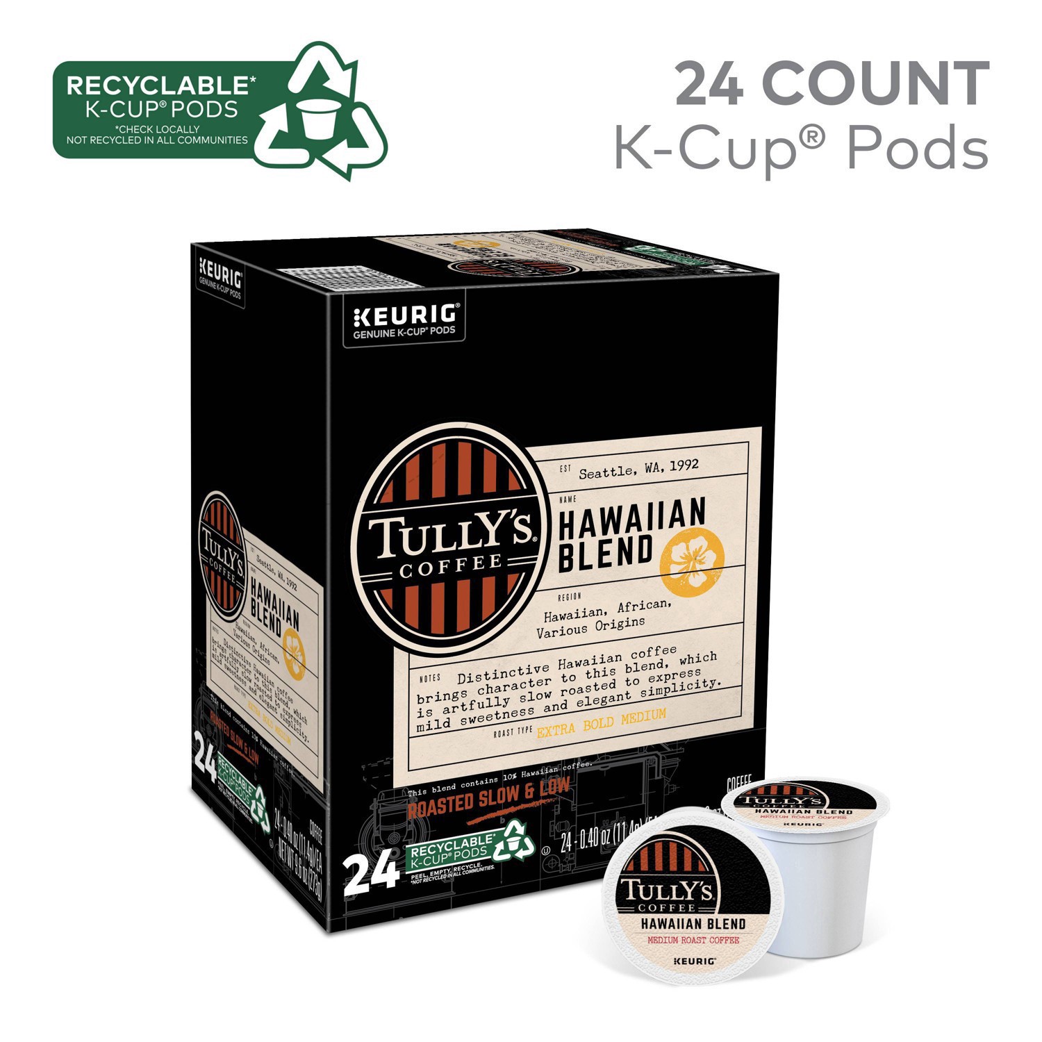 slide 10 of 12, Tully's Coffee Hawaiian Blend Keurig Single-Serve K-Cup Pods, Medium Roast Coffee, 24 Count, 24 ct