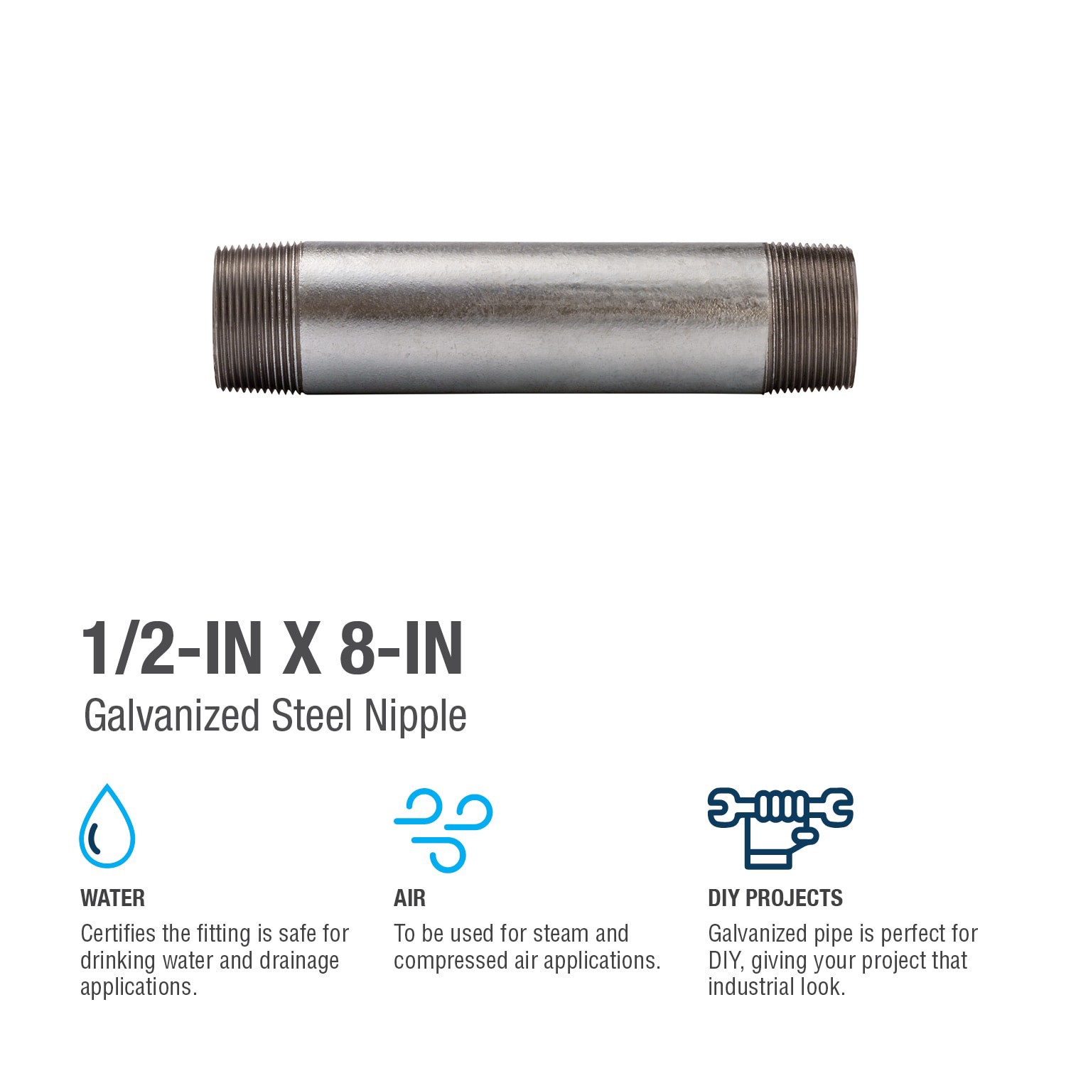 slide 4 of 6, RELIABILT 1/2-in x 8-in Galvanized Nipple, 1 ct