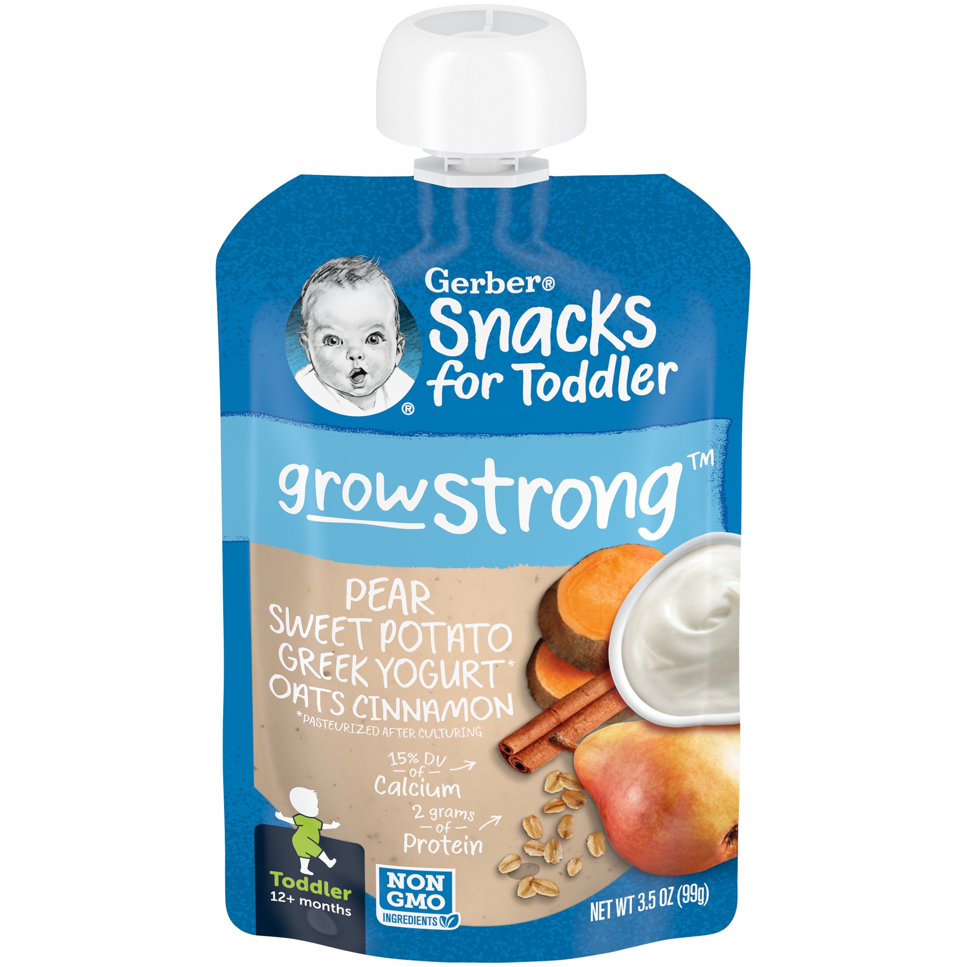 slide 1 of 9, Gerber Graduates Snacks for Toddler Grow Strong Greek Yogurt, Pear Sweet Potato Oats Cinnamon, 3.5 oz Pouch, 3.5 oz