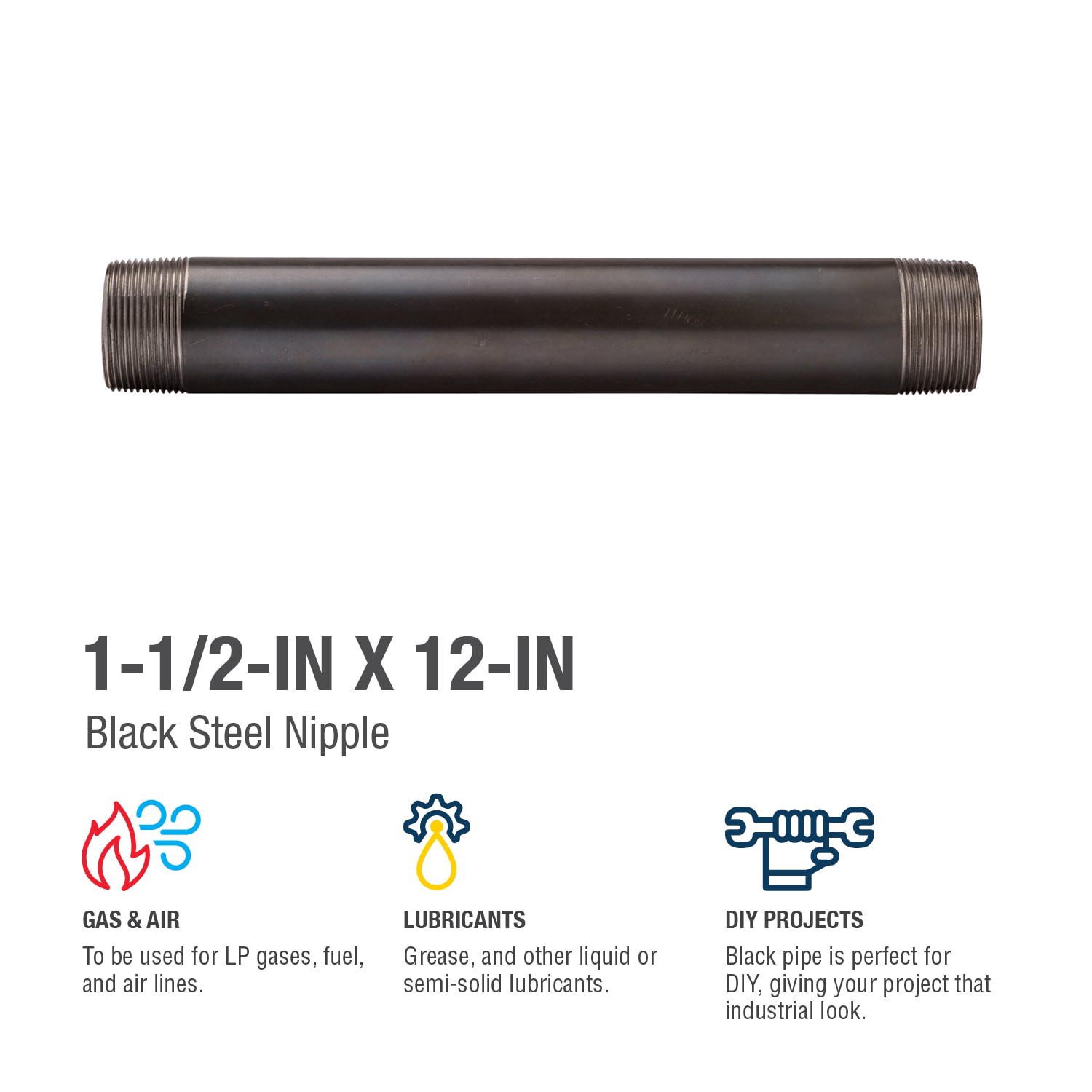 slide 4 of 6, RELIABILT 1-1/2-in x 12-in Black Nipple, 1 ct