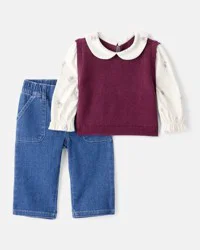 Carters Baby Girl 2-Piece Floral Collared Shirt & Pant Set - Maroon/Blue Maroon/Blue 3M