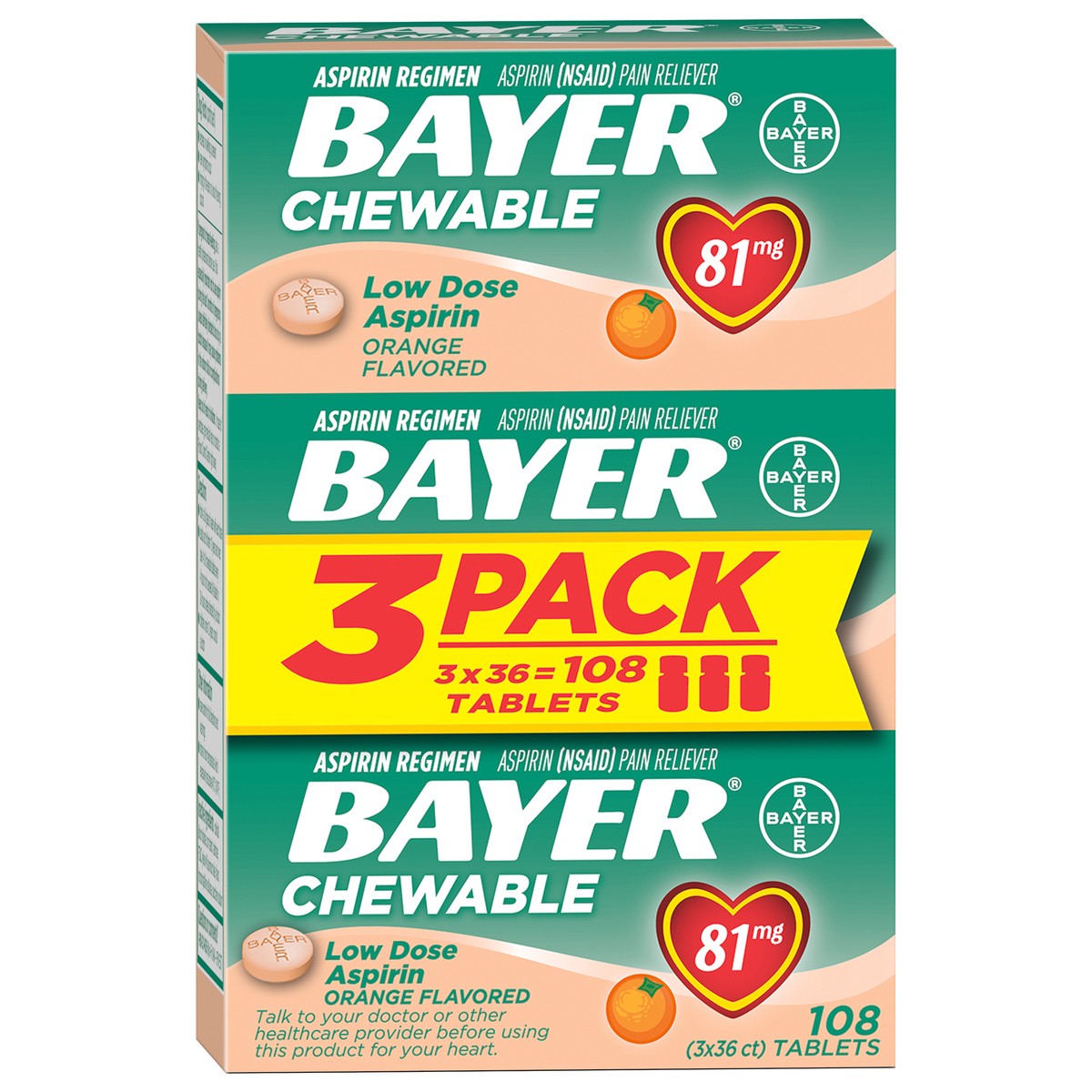 slide 2 of 7, Bayer Aspirin Regimen Low Dose Chewable Orange Flavor, 108 ct