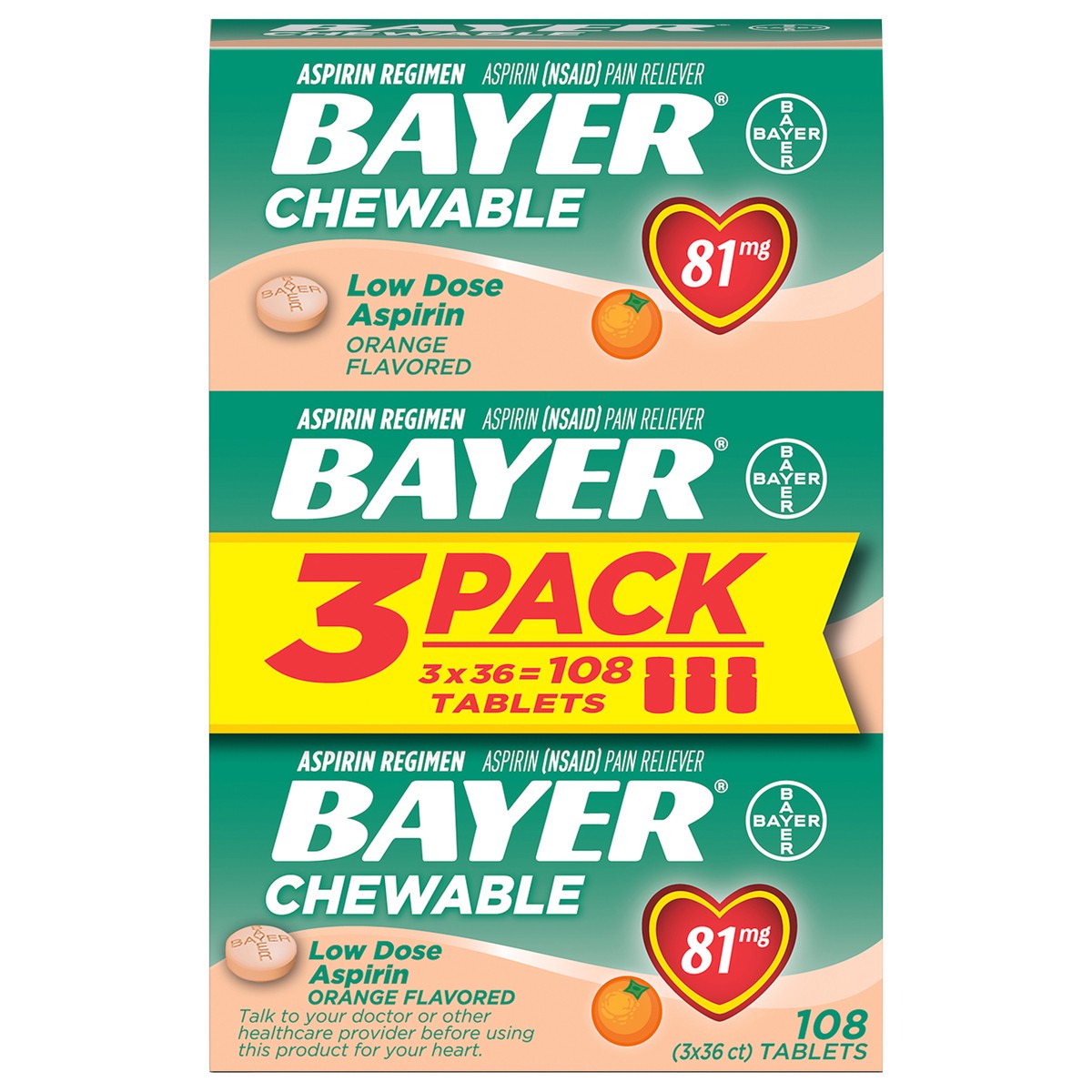 slide 1 of 7, Bayer Aspirin Regimen Low Dose Chewable Orange Flavor, 108 ct