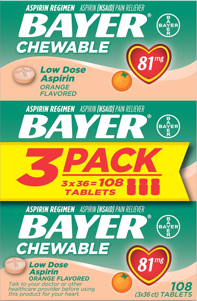 slide 1 of 7, Bayer Aspirin Regimen Chewable Orange Flavored 81 mg Low Dose Aspirin Tablets 3-36 ct Packs, 108 ct