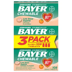 Bayer Aspirin Regimen Chewable Orange Flavored 81 mg Low Dose Aspirin Tablets 3-36 ct Packs