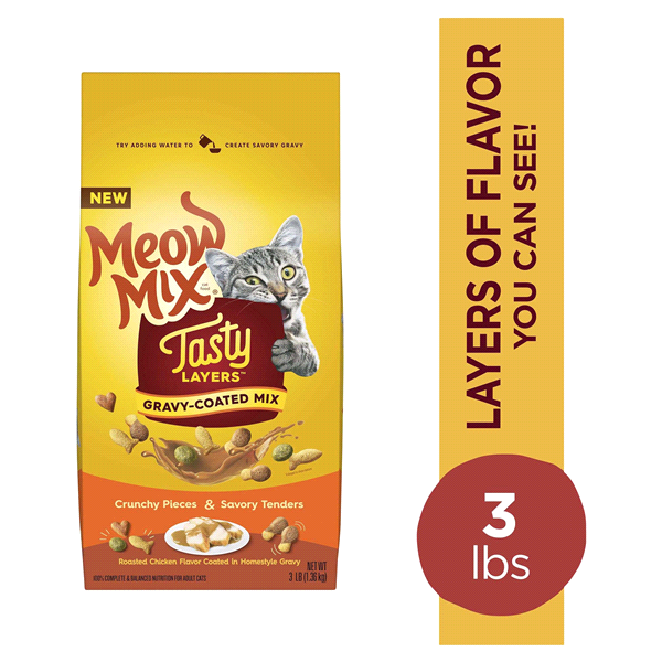 slide 1 of 1, Meow Mix Tasty Layers Roasted Chicken Flavor and Homestyle Gravy Dry Cat Food, 3 lb