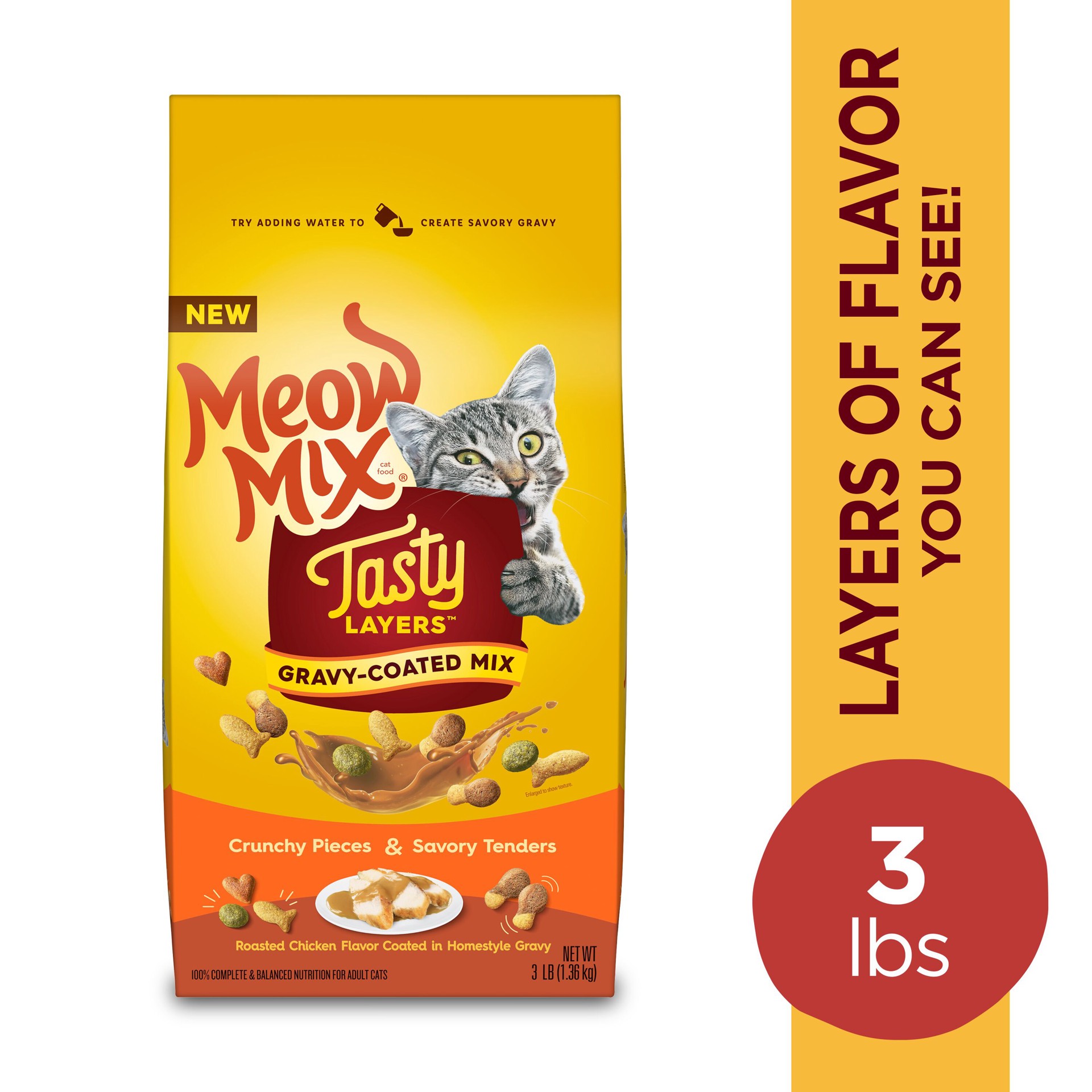 slide 3 of 7, Meow Mix Tasty Layers Gravy-Coated Mix Roasted Chicken Flavor Coated in Homestyle Gravy Cat Food 3 lb, 3 lb