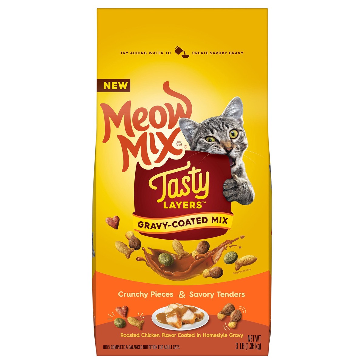 slide 1 of 7, Meow Mix Tasty Layers Gravy-Coated Mix Roasted Chicken Flavor Coated in Homestyle Gravy Cat Food 3 lb, 3 lb