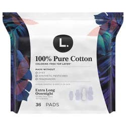 L. Ultra Thin Pads for Women, Overnight Absorbency, 100% Pure Cotton Top Layer, Unscented Pads with Wings, 36 CT