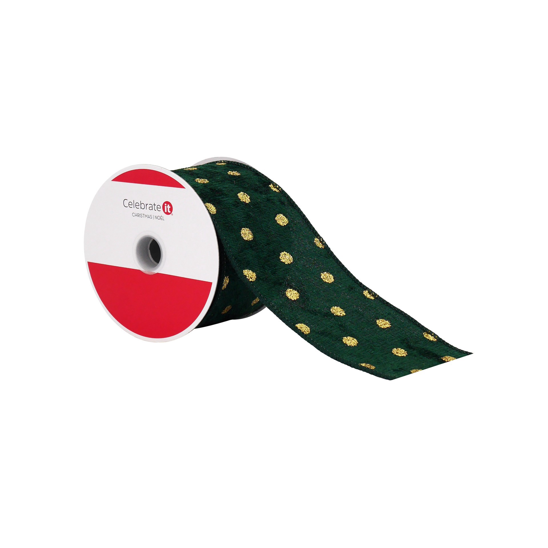 slide 2 of 3, 2.5" X 20ft. Green & Gold Dots Wired Ribbon By Celebrate It, 2.5 in x 20 ft