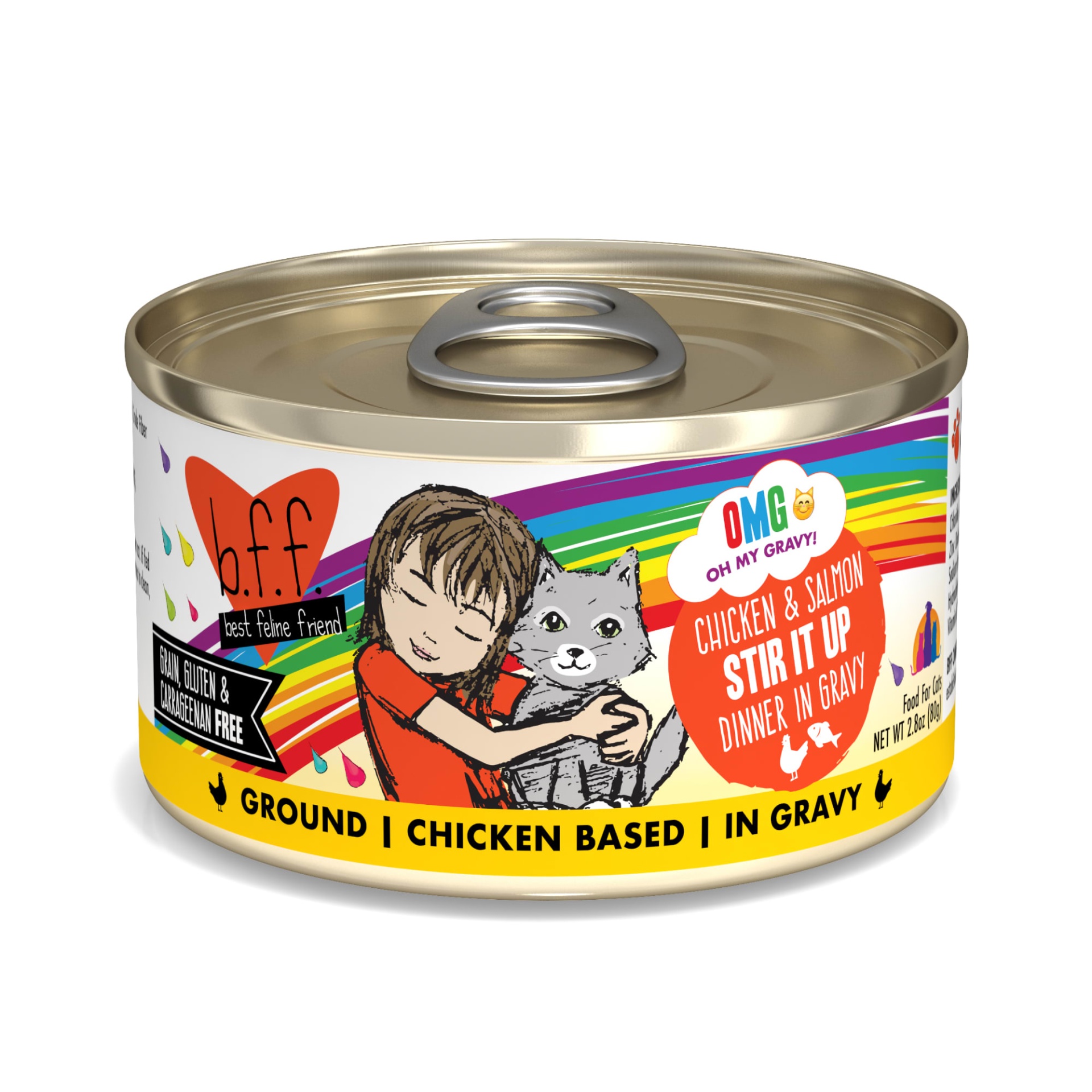 slide 1 of 1, B.F.F. OMG Stir it Up Chicken & Salmon Dinner in Gravy Wet Cat Food, 2.8 oz., 2.8 oz