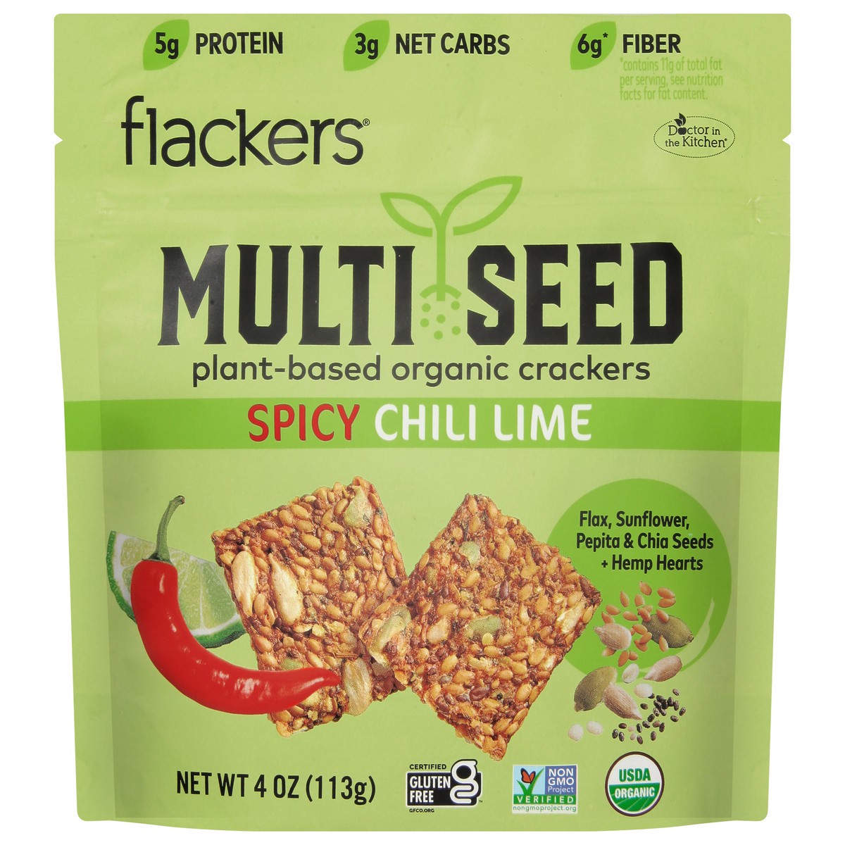 slide 1 of 13, Doctor in the Kitchen Flackers Organic Plant-Based Multi Seed Spicy Chili Lime Crackers 4 oz, 4 oz