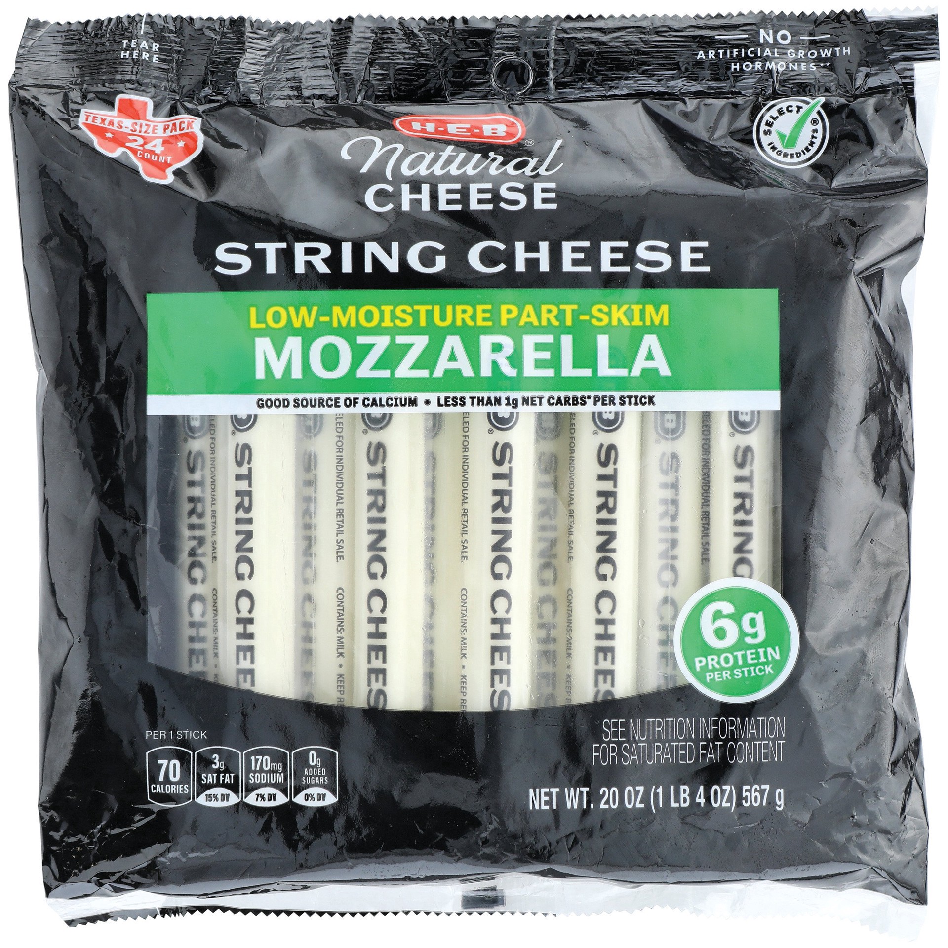 slide 1 of 1, H-E-B Low Moisture Part-Skim Mozzarella String Cheese, 20 oz