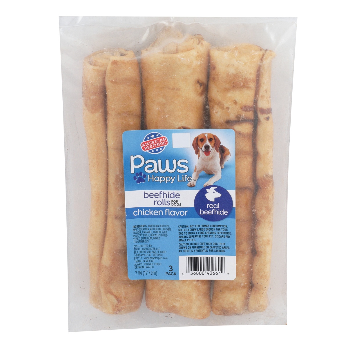 slide 1 of 1, Paws Happy Life Chicken Flavor Beefhide Rolls For Dogs, 3 ct; 7 oz