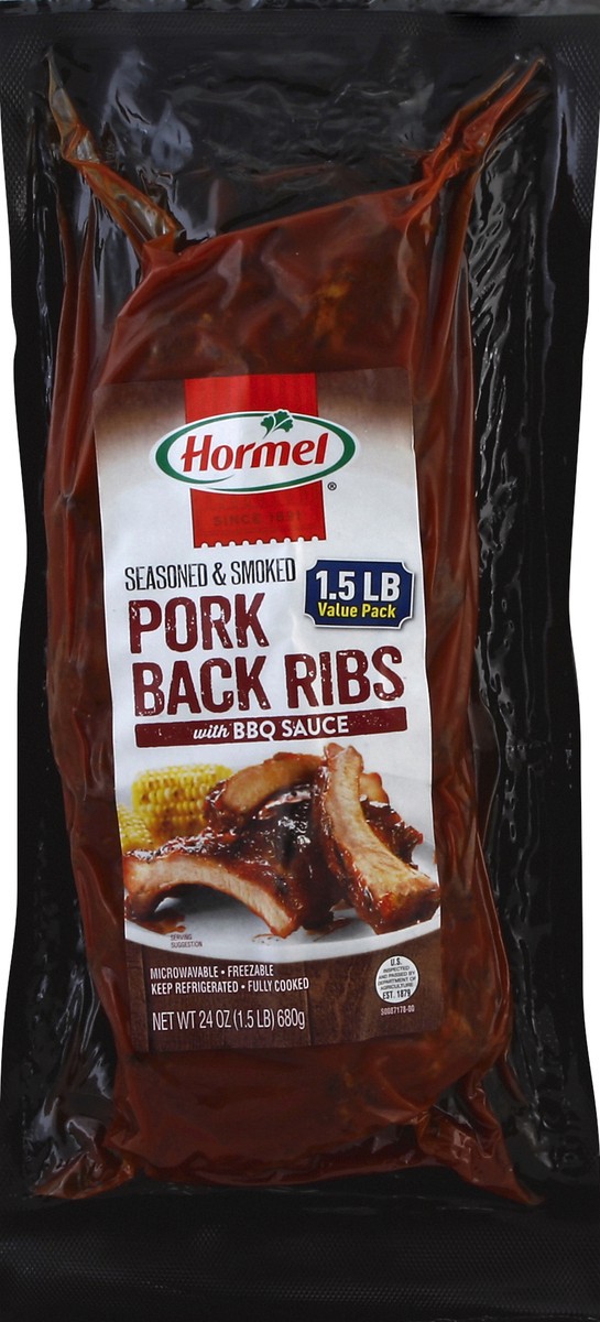 slide 5 of 5, Hormel Pork Back Ribs, Seasoned & Smoked, with BBQ Sauce, Value Pack, 24 oz