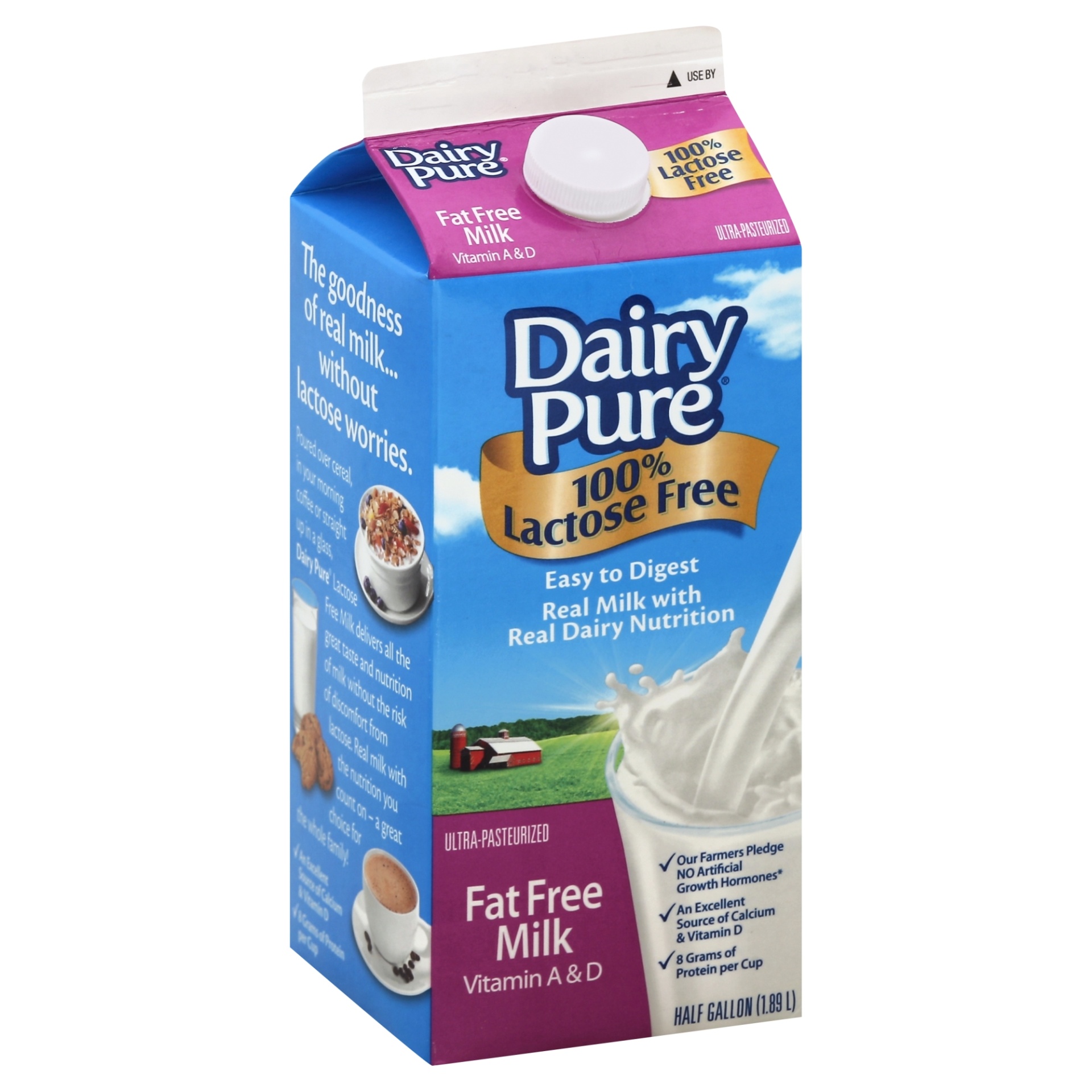 slide 1 of 1, Dairy Pure 100% Lactose Free Fat Free Milk Vitamin A & D, 1/2 gal