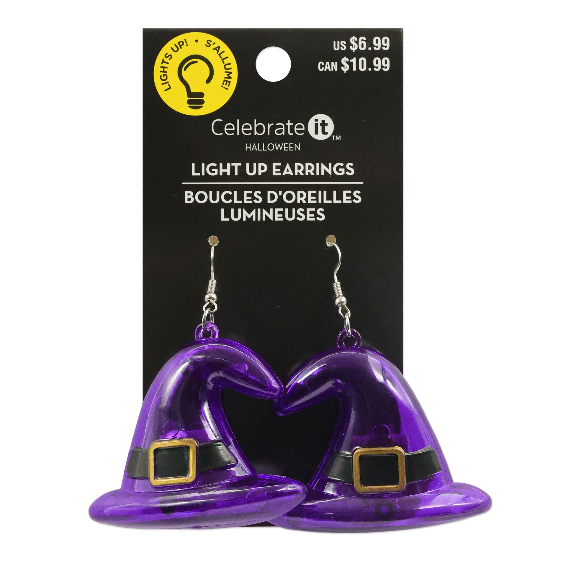 slide 2 of 4, Purple Light Up Witch Hat Dangle Earrings By Celebrate It, adult