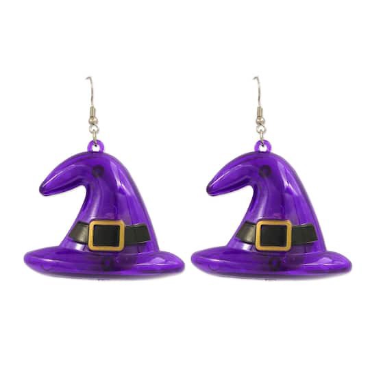 slide 1 of 4, Purple Light Up Witch Hat Dangle Earrings By Celebrate It, adult
